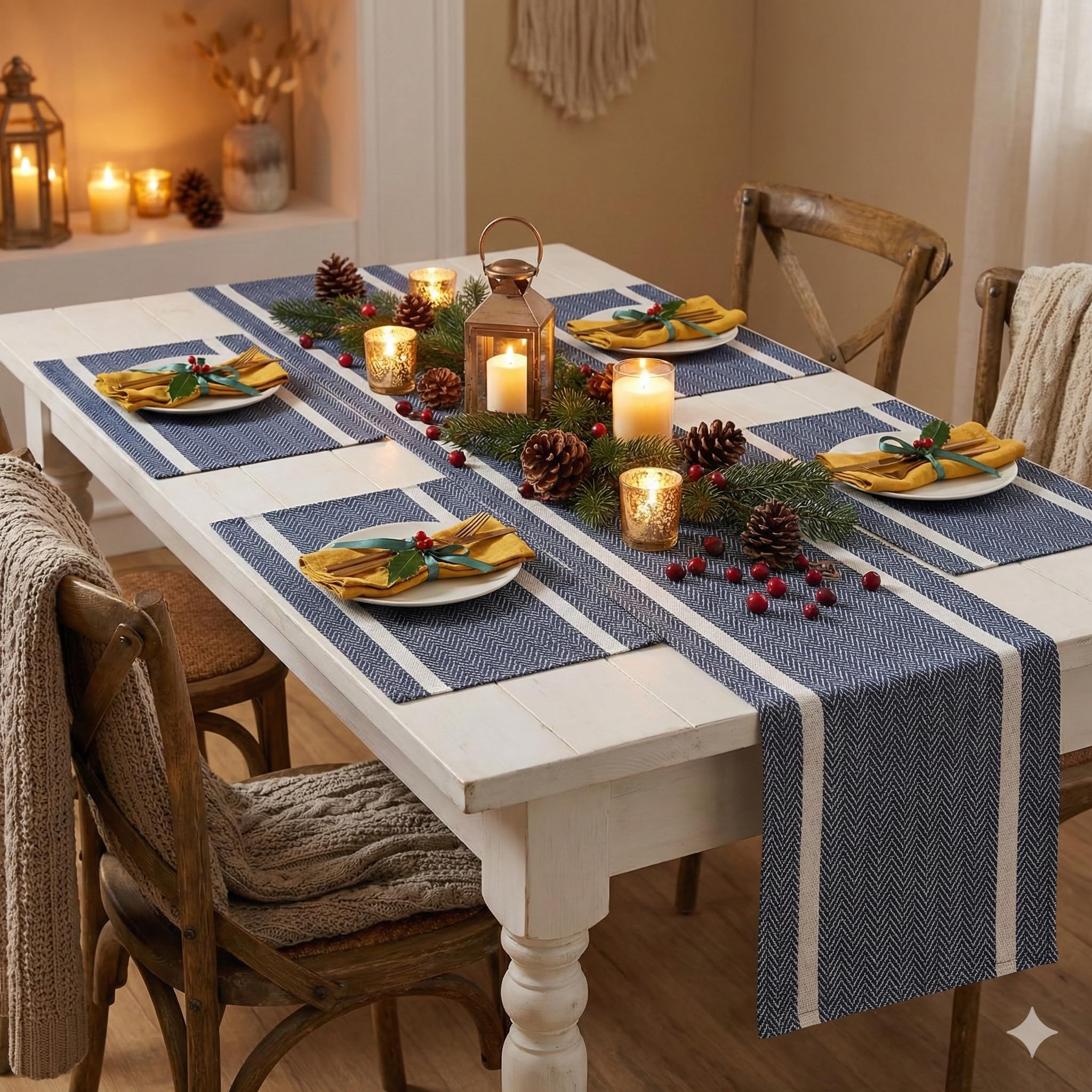 YELONA Dining Table Placemats and Runner Set - Heat Resistant, Washable, Stain Resistant Mats - Woven Vinyl Plastic - Easy to Clean-(45x30 cm 4 Placemats, 135x30 cm 1 Runner)-Ideal for Stylish Dining