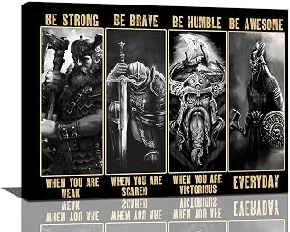 Viking Warrior Wall Art Viking Samurai Picture Wall Decor Be Strong Inspirational Quotes Canvas Painting Prints Vintage Motivational Poster Artwork Home Decor Framed for Bedroom Living Room 16"x12"