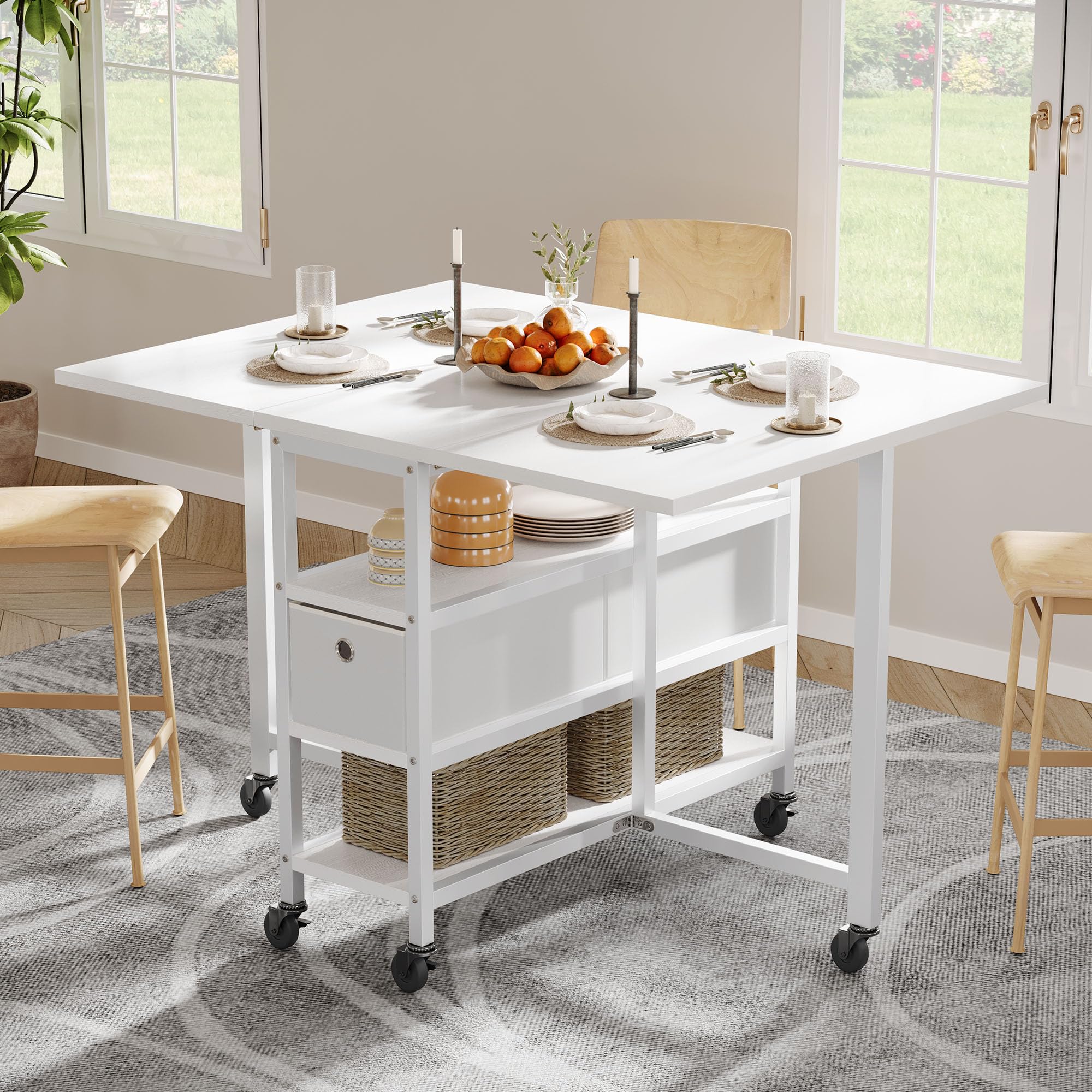 YITAHOME Table de Salle à Manger Pliante Mobile avec 6 roulettes et tiroirs de Rangement pour Petits espaces, Cuisine, Salle à Manger, Blanc