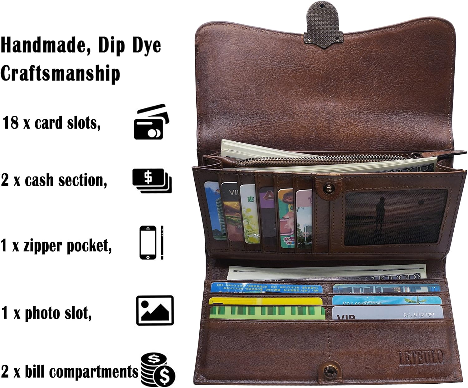 ORIREAL Women's Wallet Genuine Leather Ladies Dip Dye Wallet with 18 Card Slots Large Capacity Card Holder Cluth Purse - Image 2