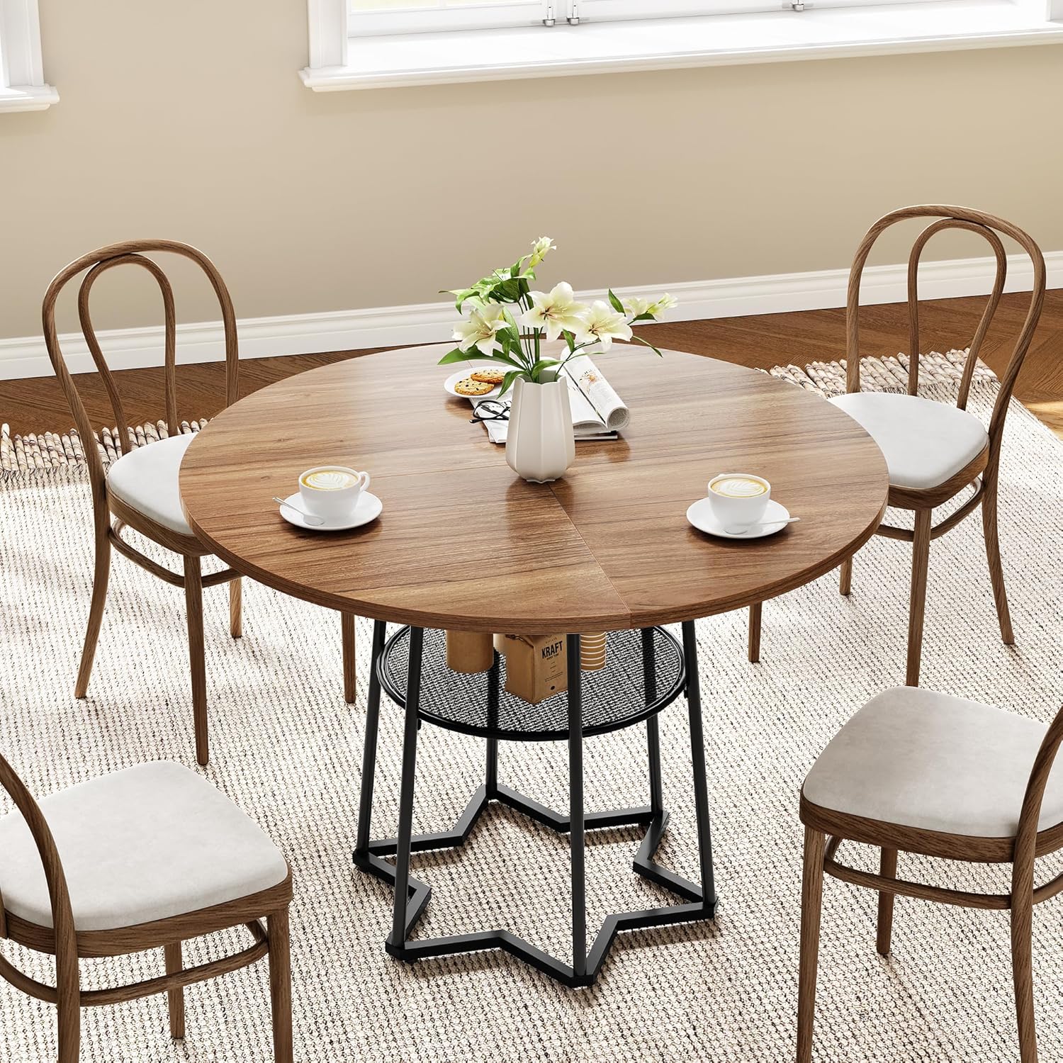 Round Dining Table Circle Storage Round Mesh Storage Rack Hexagonal Metal Base - Picture 10 of 18
