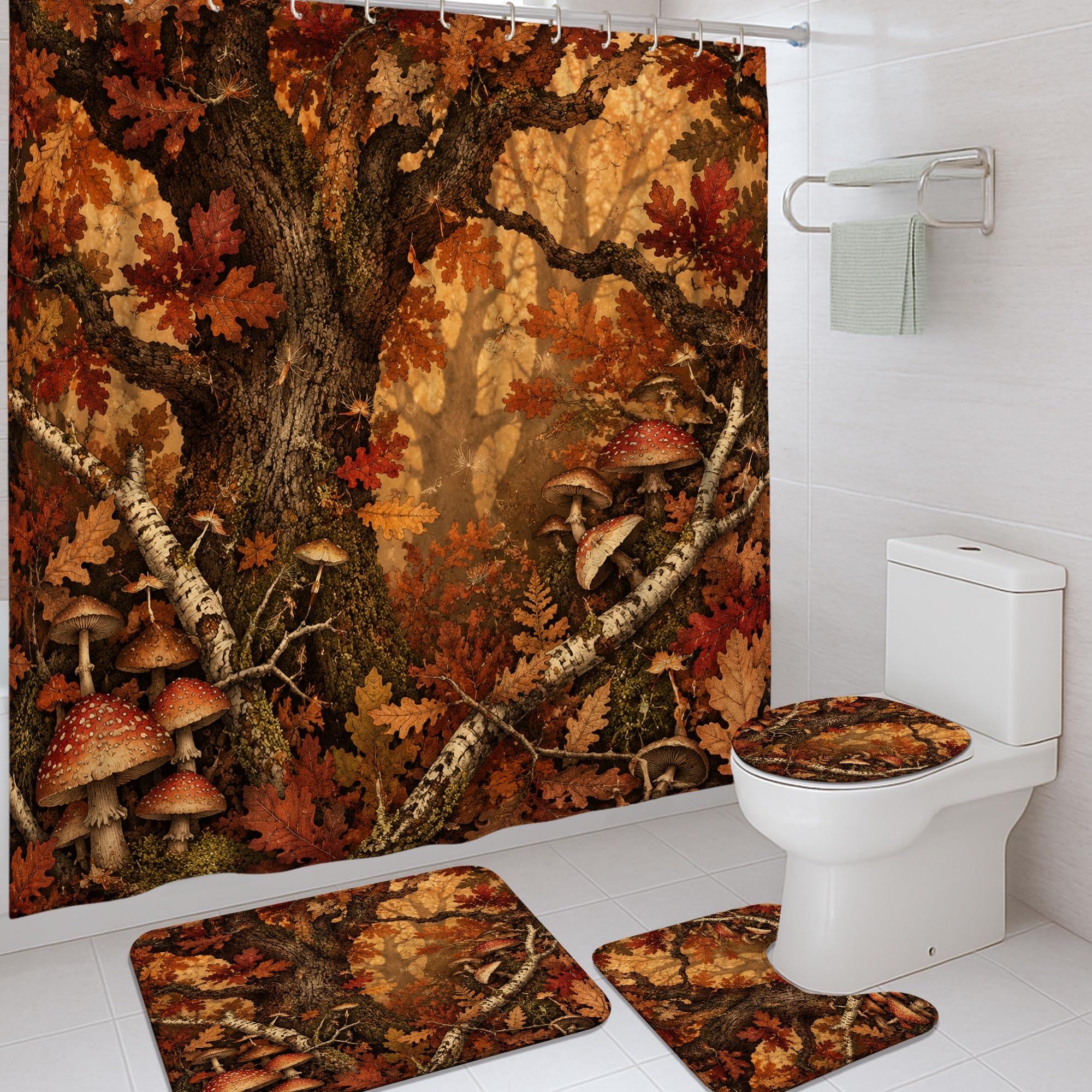Rideau de douche anti-éclaboussures champignons marron avec tapis absorbant