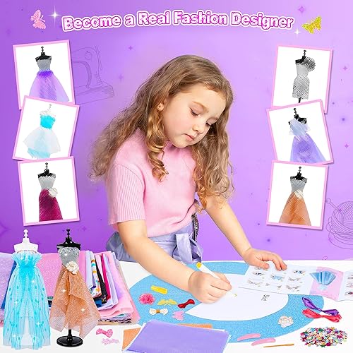 Miniatura 5 de Kit de diseño de moda para niñas, kit de costura con 7 maniquíes, kit de manualidades y manualidades para niños, kit de fabricación de ropa de