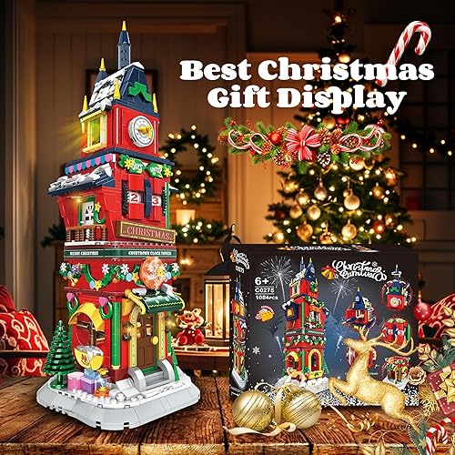 Miniatura 4 de Torre de cuenta regresiva de Navidad, juguetes de construcción de casa de aldea de Navidad con luz LED, reloj de cuenta regresiva, idea de regalo de