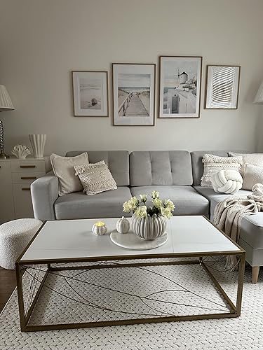 Miniatura 4 de DWVO Mesa de centro rectangular moderna de pizarra con patrón de mármol de 48 pulgadas, mesas de centro blancas y doradas para sala de estar