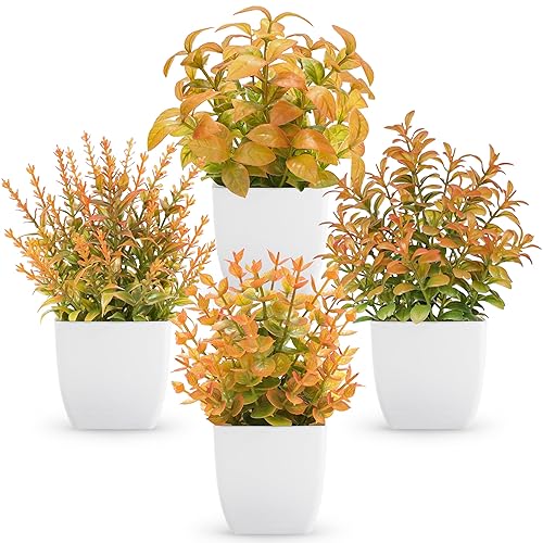 Der Rose 4 Pack Fall Fake Plants Mini Artificial Greenery Potted Plants Fall Decorations for Home Decor Indoor Office Table Room Farmhouse Bathroom Fall Decor - Orange
