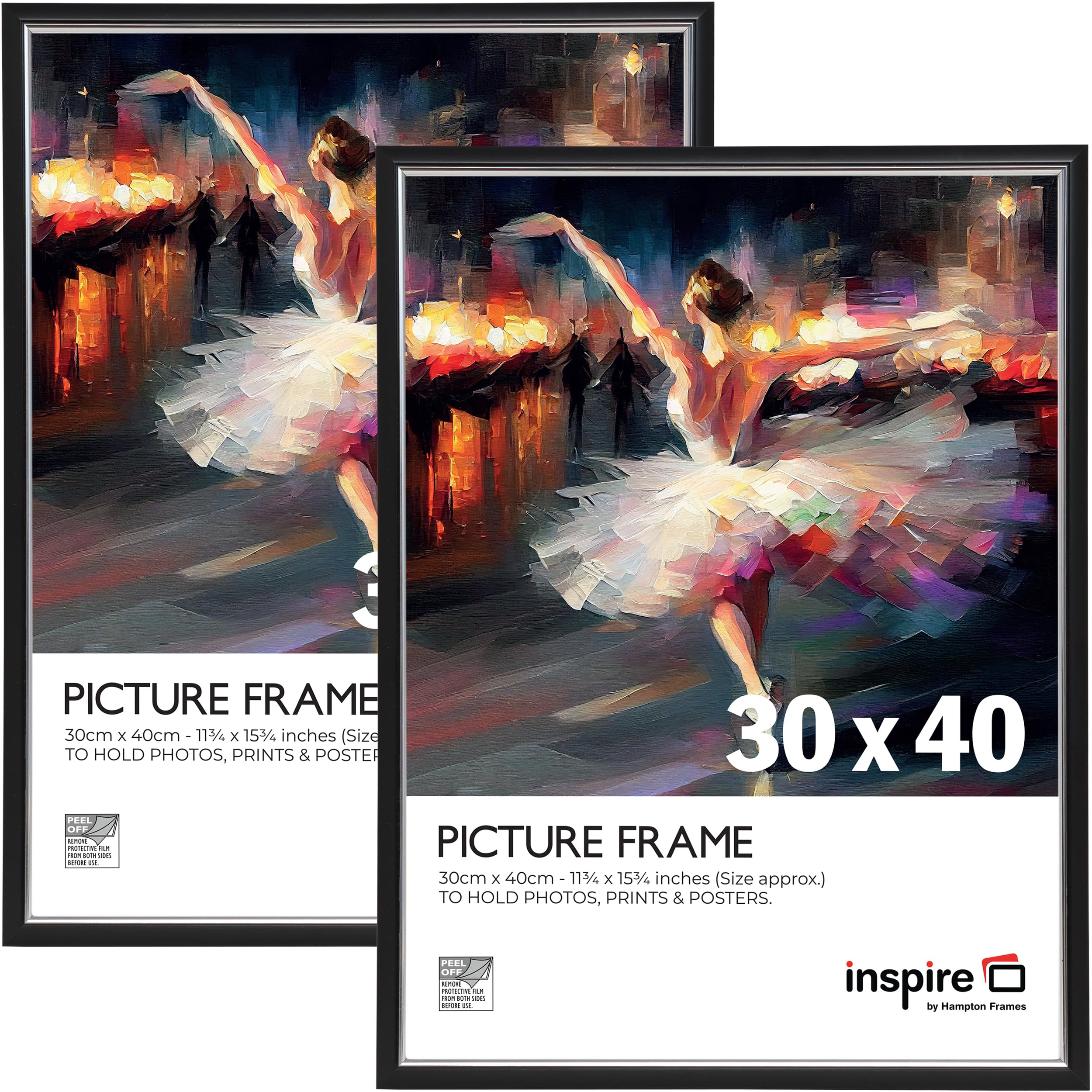 Inspire By Hampton Frames Black | Picture Poster Frame Pack Of 2 | 30X40cm, Plastic, Foil Wrapped | Acrylic Non-Glass Front, Wall Mount, Drop In Back | For Photos, Certificates, Art Display