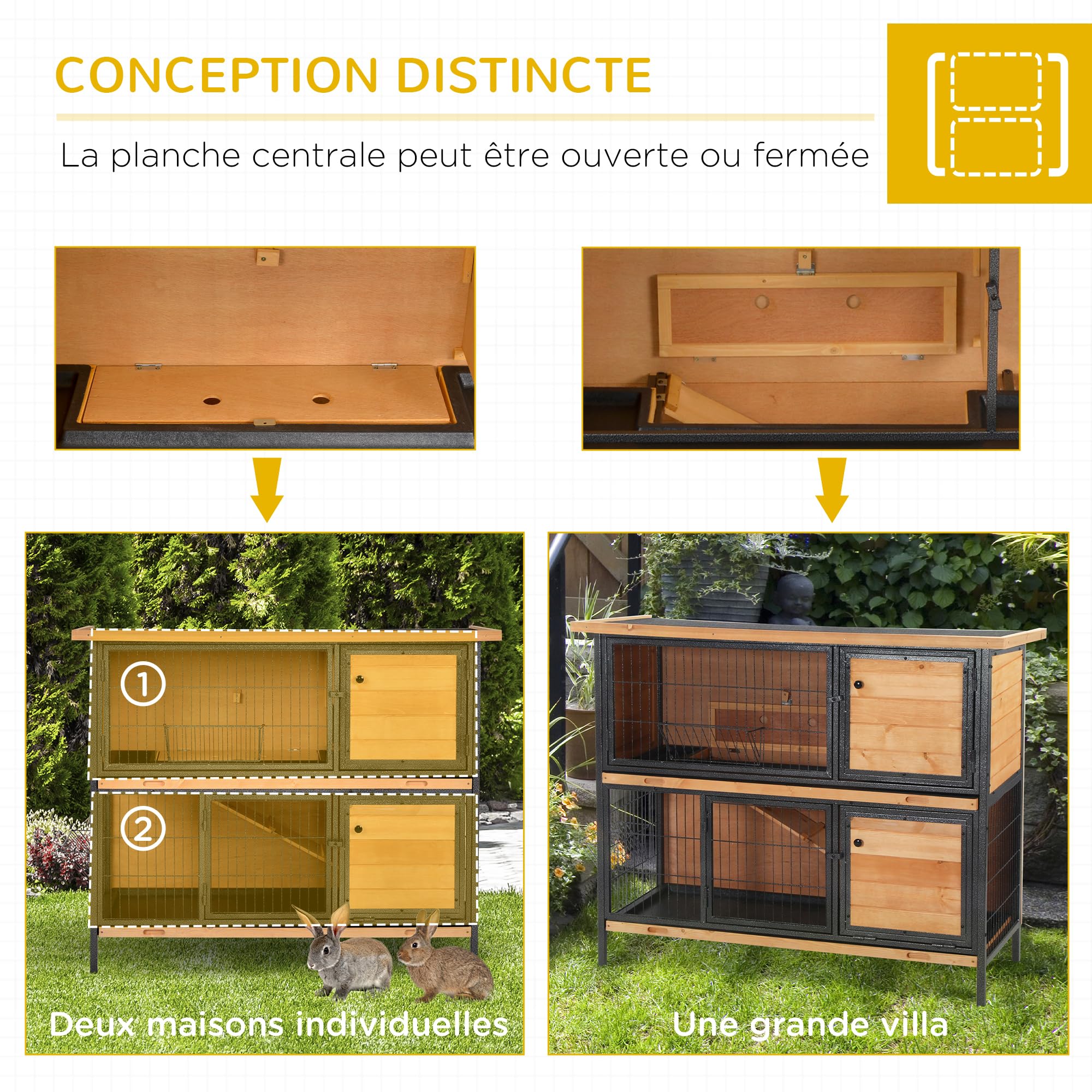 PawHut Clapier Lapin extérieur, Cage Lapin extérieur, 4 Portes verrouillables, Toit bitumé, 2 étages, Petit enclos Animaux, 1 tiroir à déjection et 1 Rampe, 122 x 50 x 101 cm, Bois Naturel et Noir