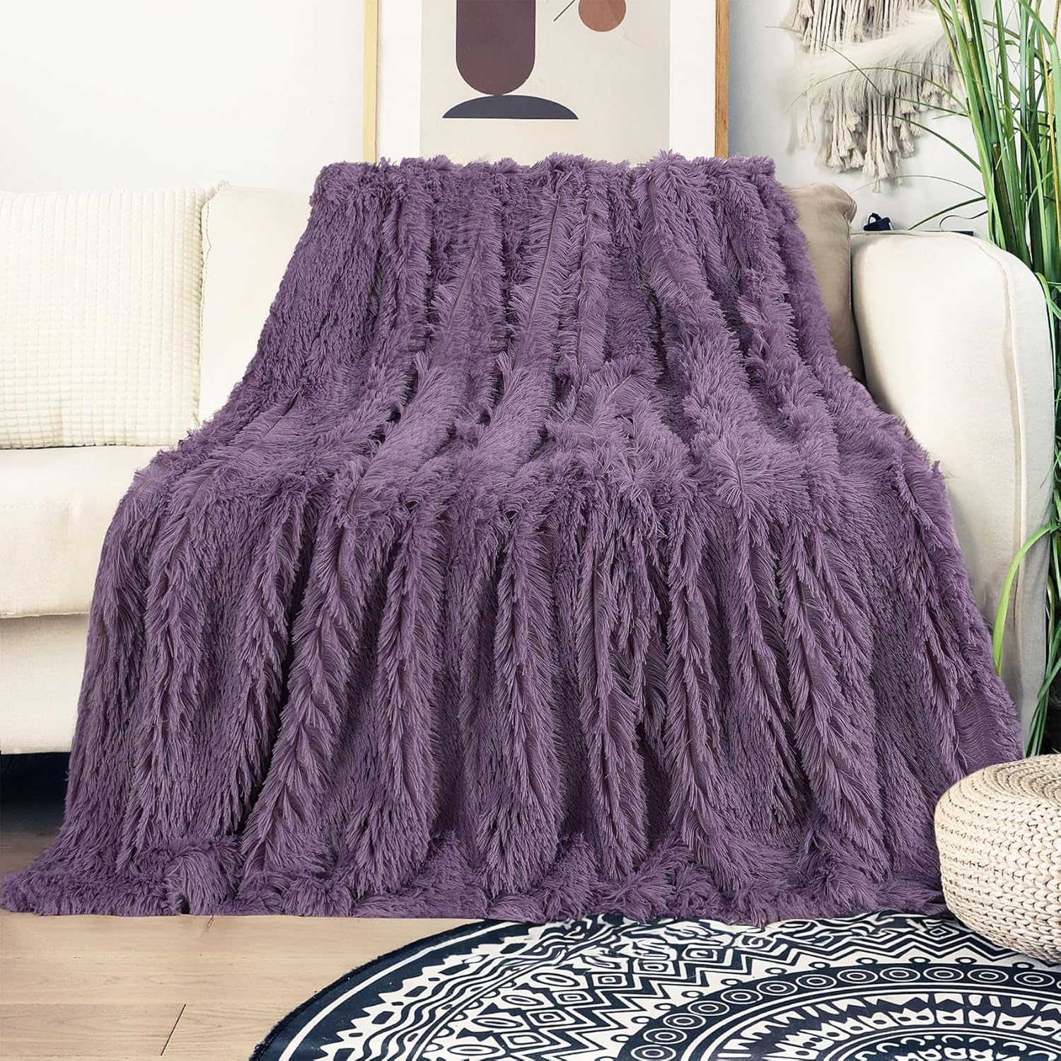 Tuddrom Decorative Extra Soft Fuzzy Faux Fur Throw Blanket 50" x 60",Solid Reversible Long Hair Shaggy Blanket,Fluffy Plush Comfy Microfiber Fleece Blanket for Couch Sofa Bedroom,Patrican Purple - Image 2