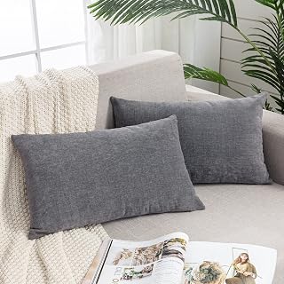 GAWAMAY Soft Chenille Lumbar Support Pillow Covers 12x20 Inch Set of 2 Grey - Decorative Rectangle Throw Pillowcases for Sofa Couch Bedroom (No Insert)