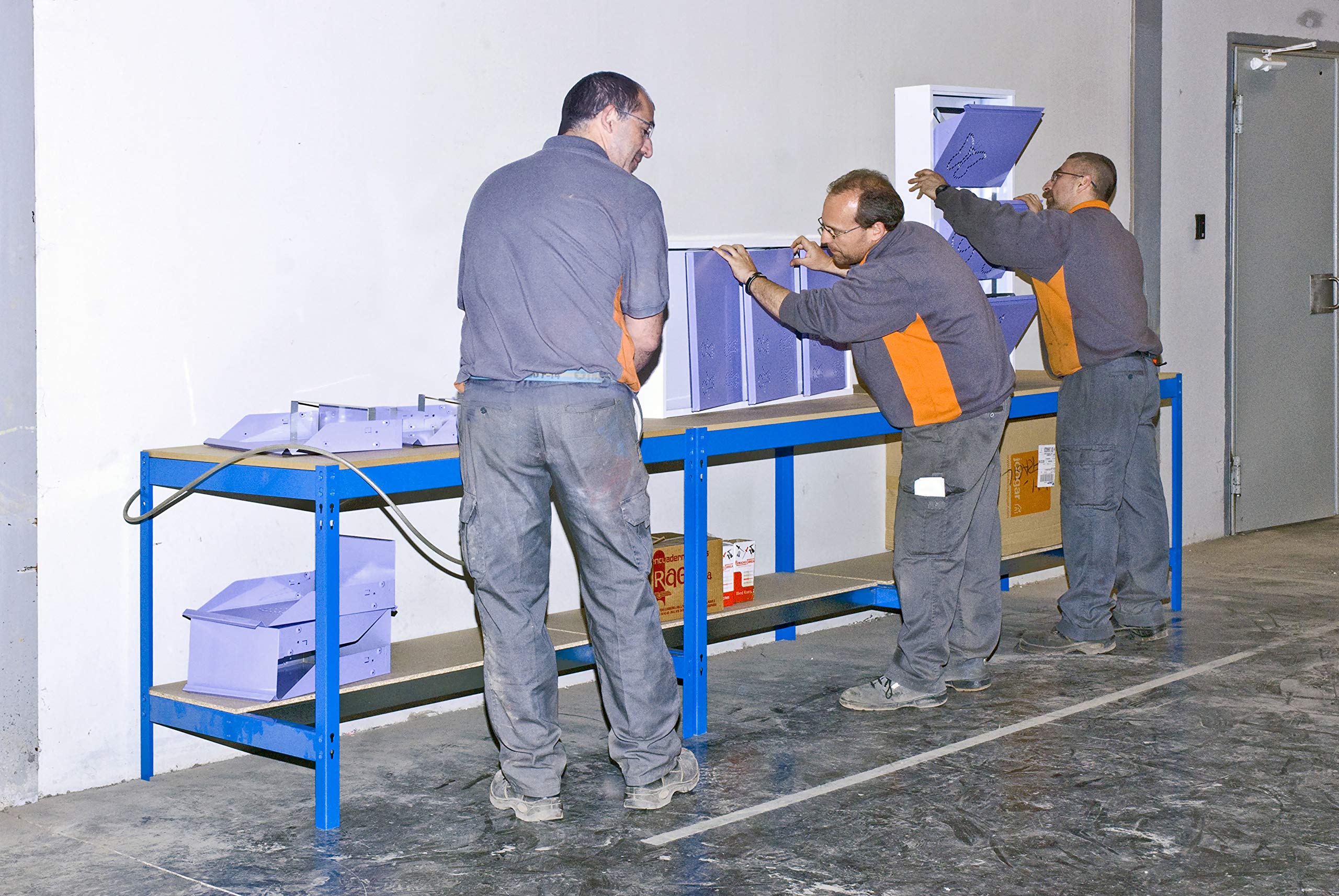 Simon Rack Banco da lavoro per officina, capacità di carico 400 kg, 842x910x610 mm, tavolo da lavoro fai da te, Blu/Legno - BT0