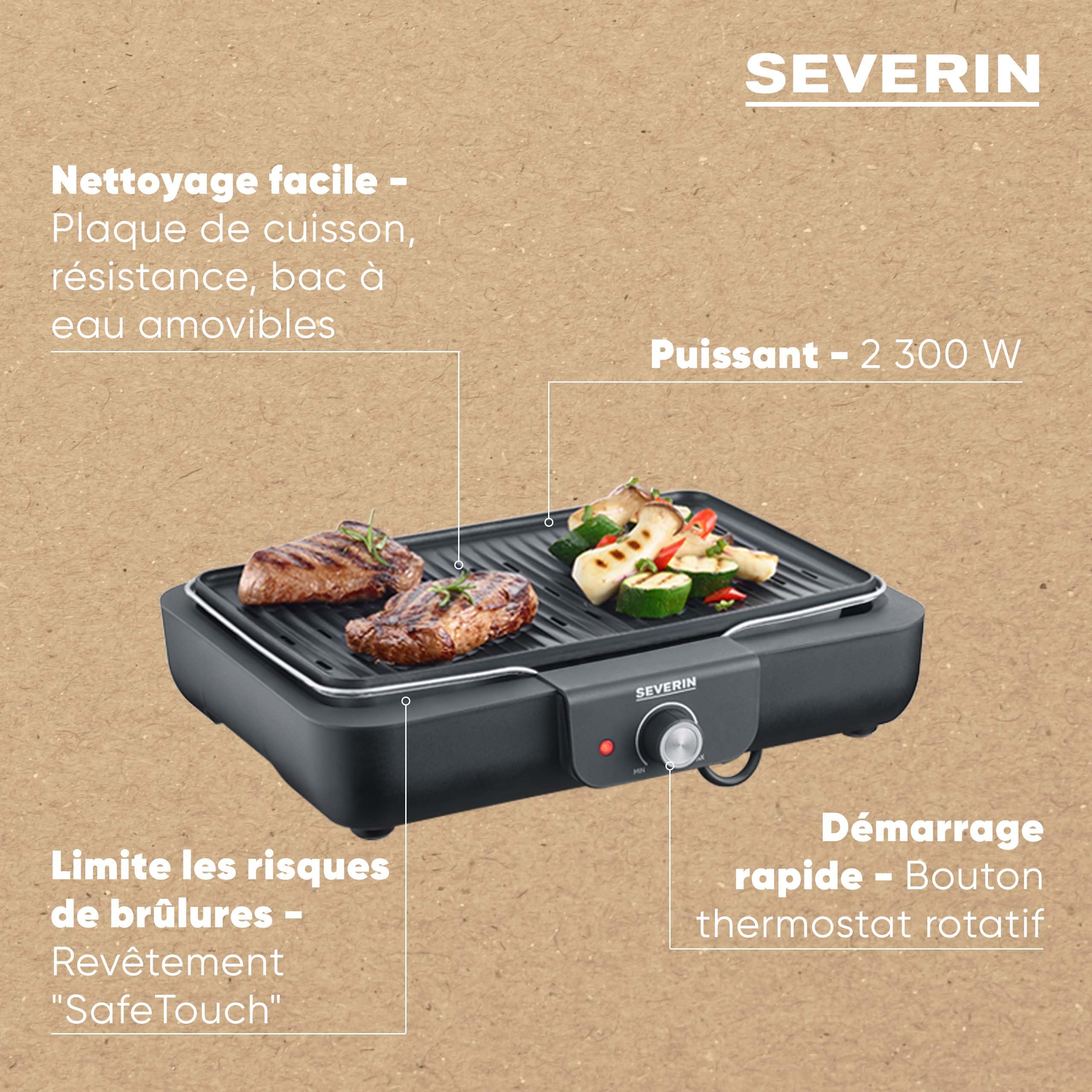 SEVERIN Barbecue électrique 2 200 W avec grille amovible en fonte d'aluminium, Barbecue de table avec bouton rotatif, eBBQ avec bac à eau pour utilisation en intérieur et extérieur, Noir, PG 8556