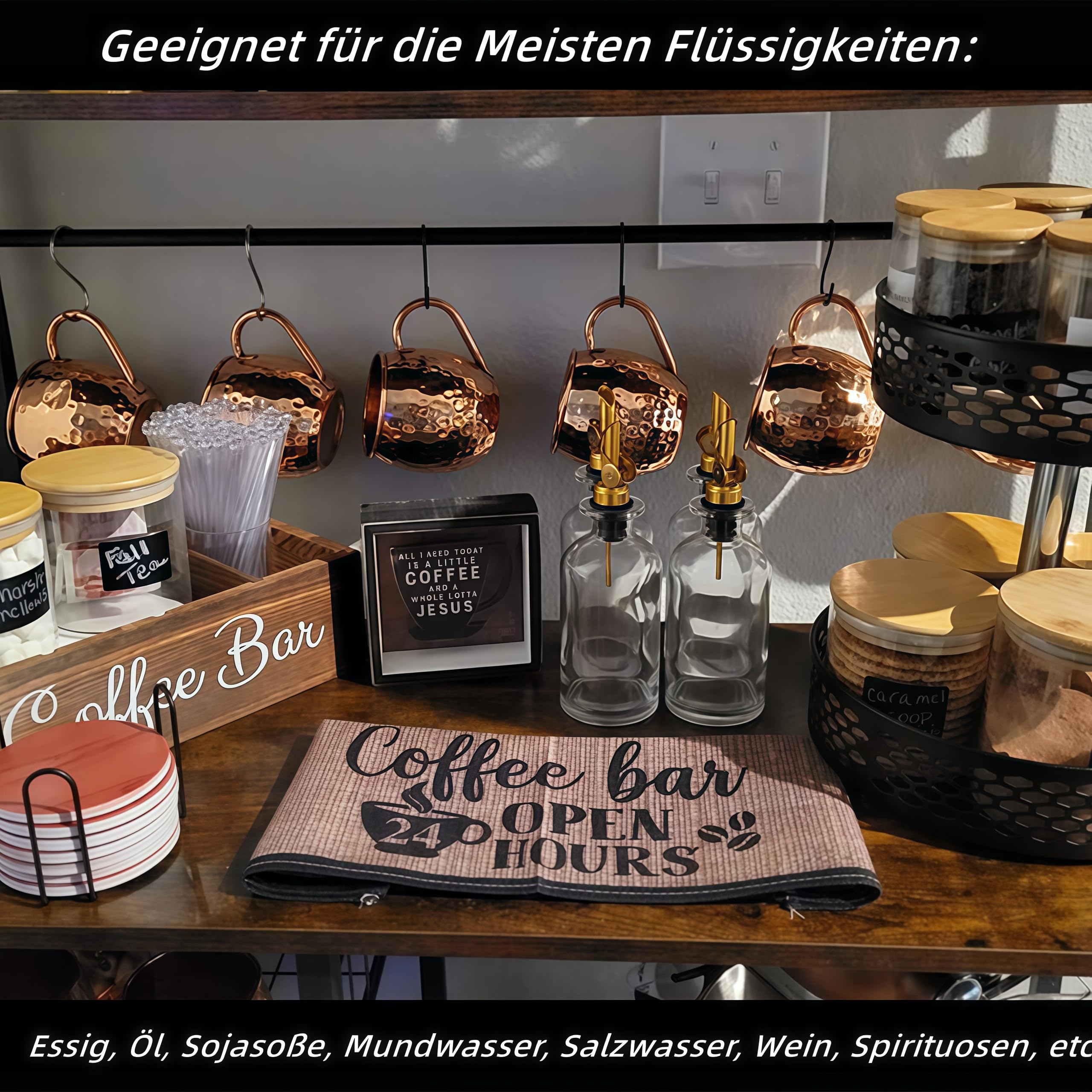 Bikalan Lot de 2 bouteilles d'huile de vinaigre et d'huile pour la cuisine, bouteille d'huile d'olive, distributeur d'huile, sirop de café, rince-bouche, entonnoirs, 2 paquets d'or