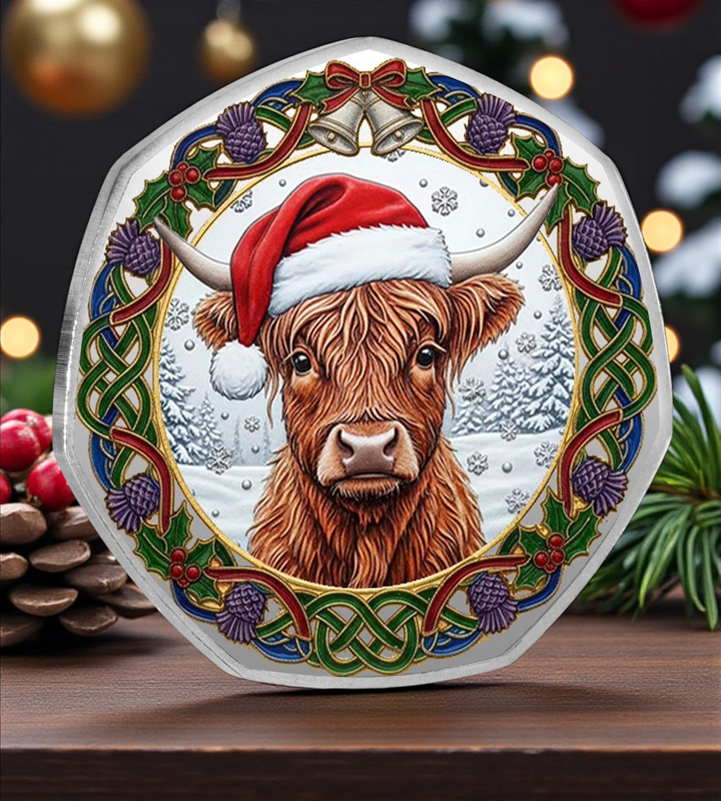 The Commemorative Coin Company HIGHLAND COO Full Colour Silver Commemorative. Highland Cattle Merry Christmas/Xmas Cow/Scotland