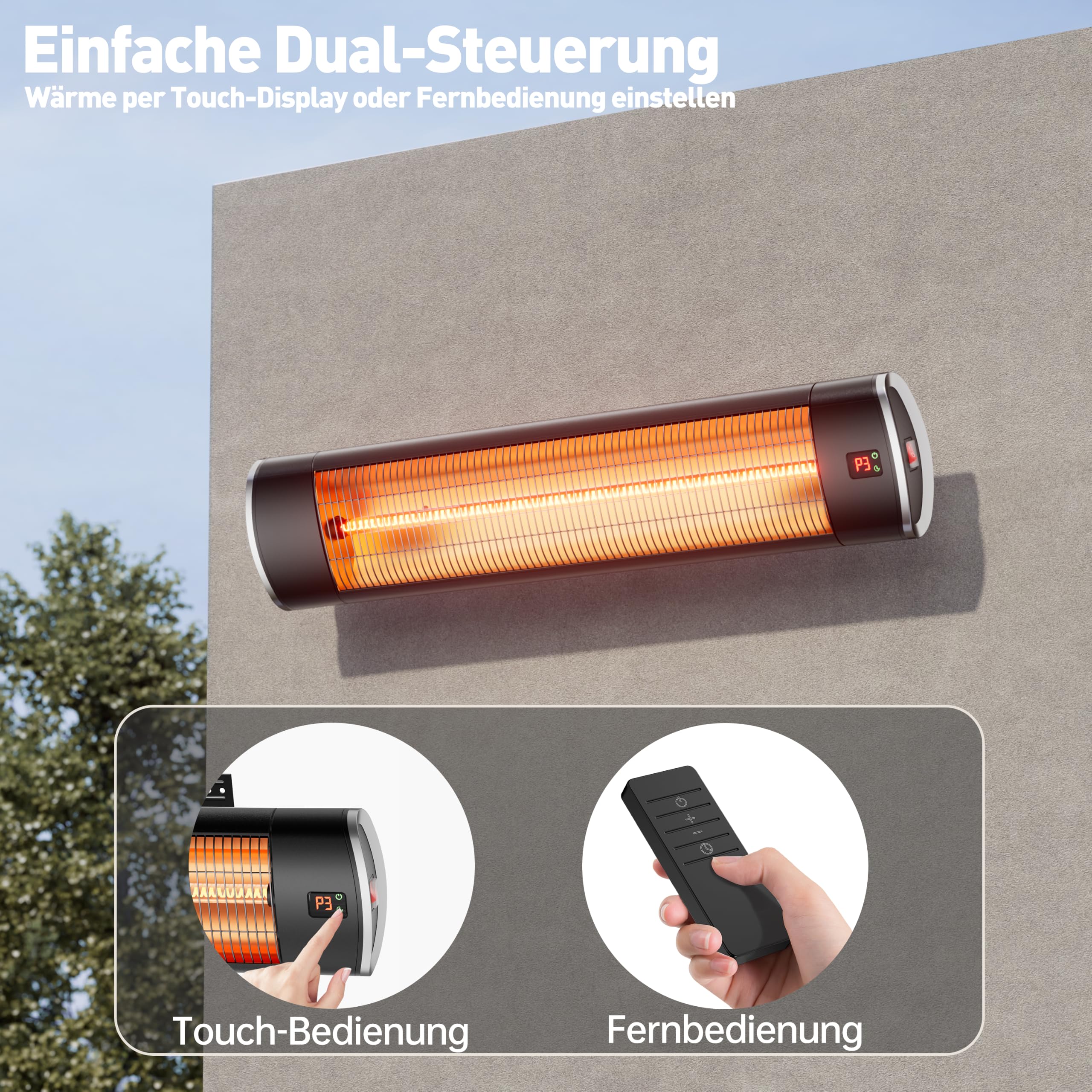 2500W Heizstrahler Terrasse, Infrarot-Heizstrahler mit Fernbedienung, IP65 Wasserdicht, für Garten, Restaurant, Garage und Pavillon, Schwarz
