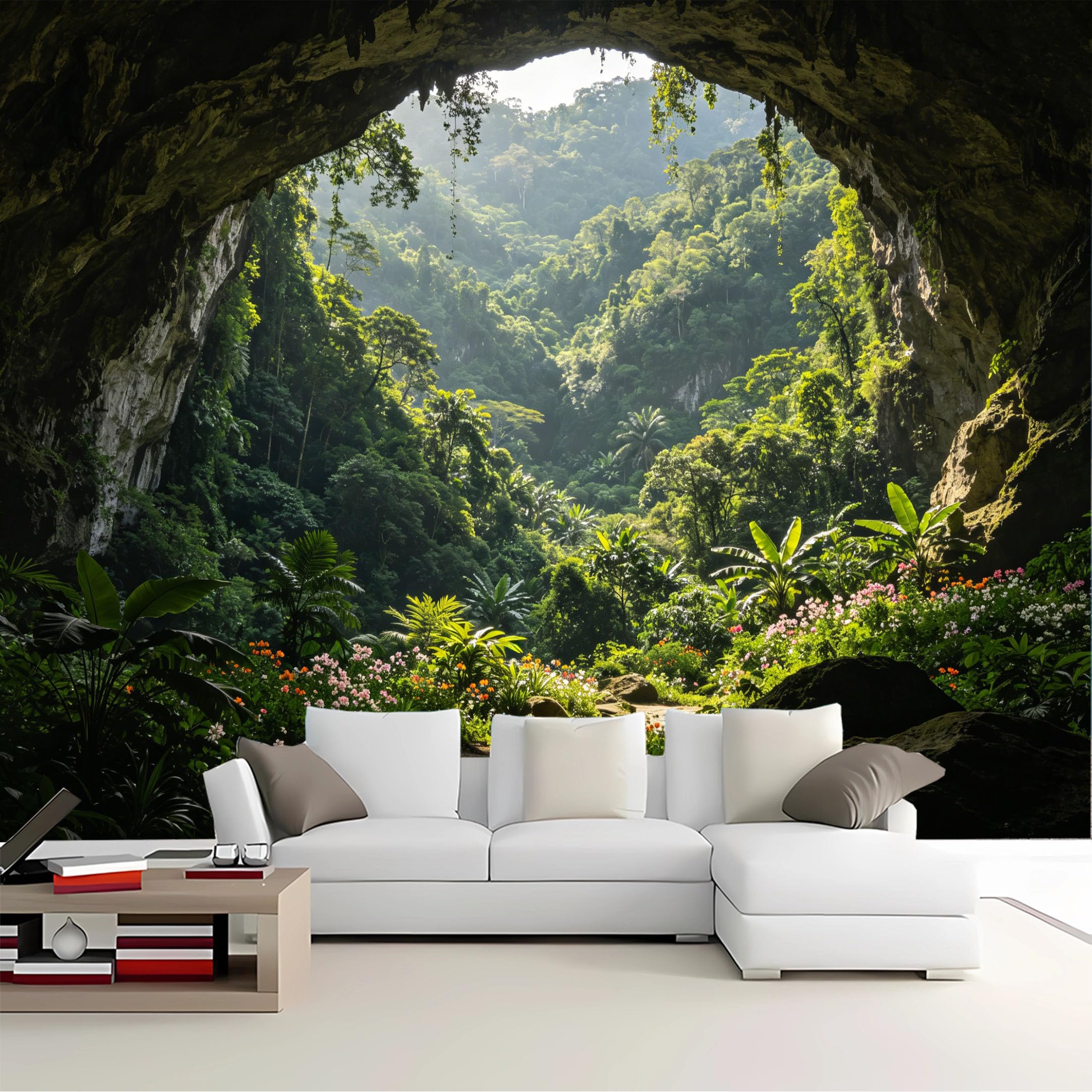 Custom Size Wall Mural Cave View Tropical Jungle Removable Self Adhesive Peel and Stick Wallpaper for Bedroom Living Room Dining Room