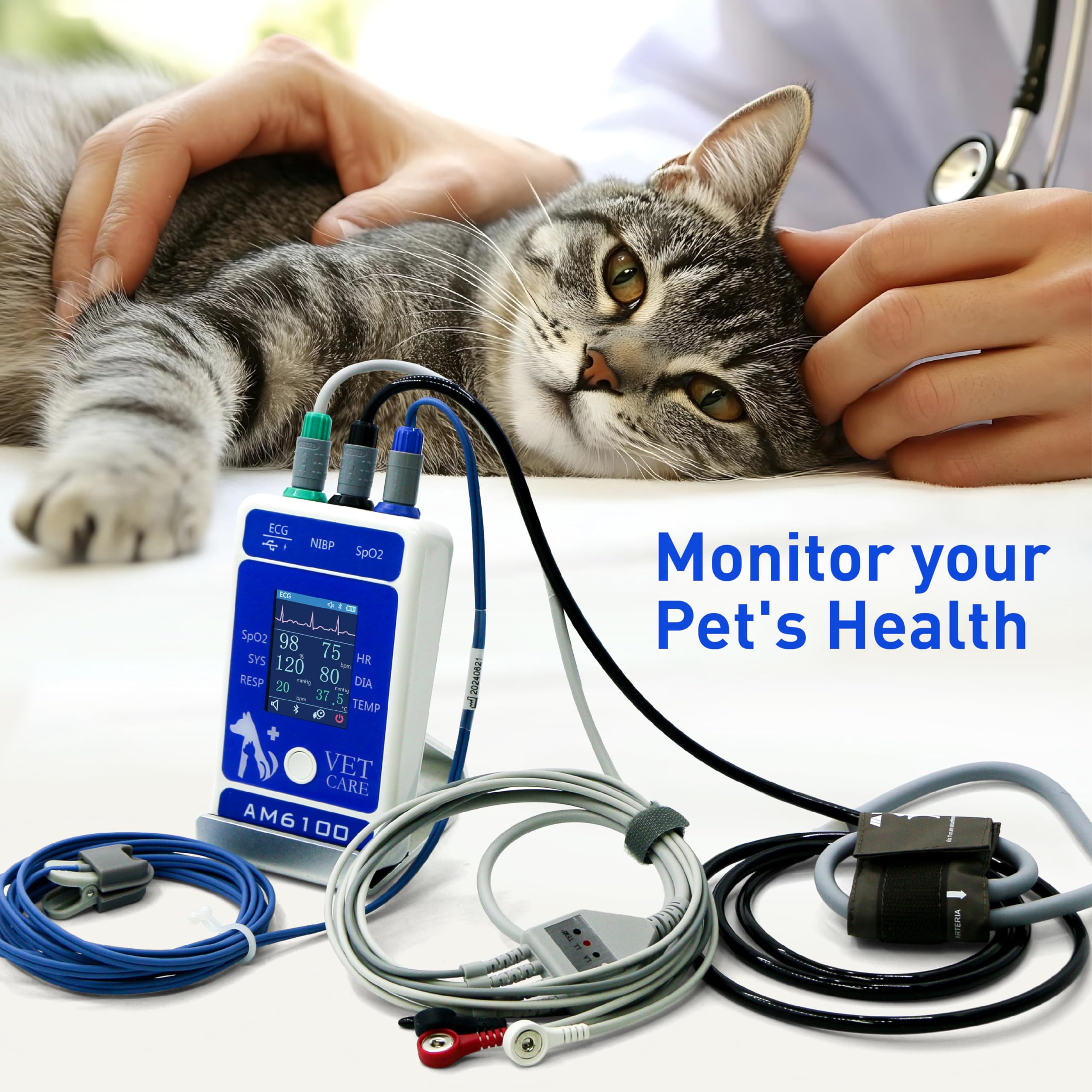 Monitor veterinario digital para perros, gatos y mascotas, equipo de cuidado de animales de 6 parámetros, monitor de presión de pulso Spo2 para uso en clínicas domésticas, fácil operación y