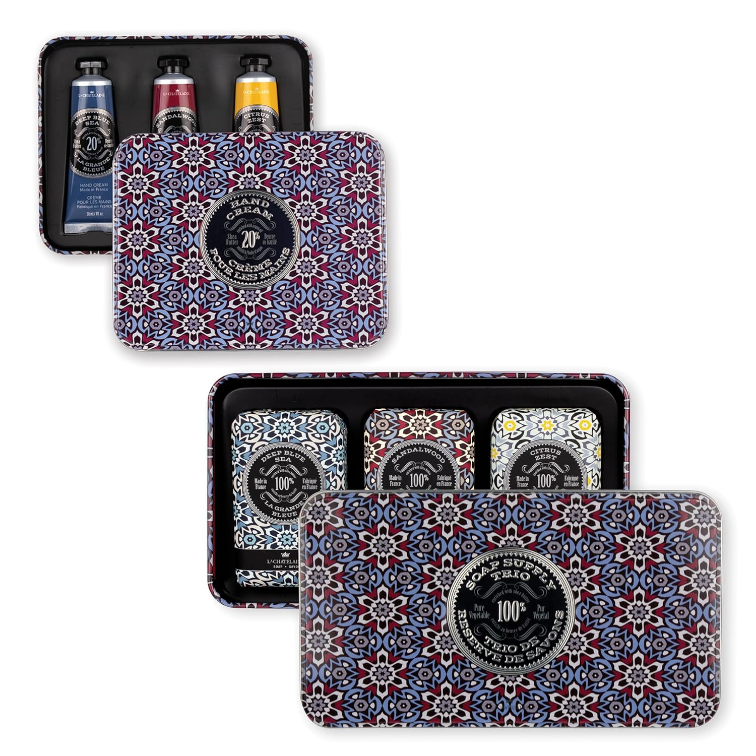 La Chatelaine Red Mosaic Hand Cream Trio and Luxury Soap Trio Gift Sets l Made in France | Plant-Based | Enriched with Organic Shea Butter