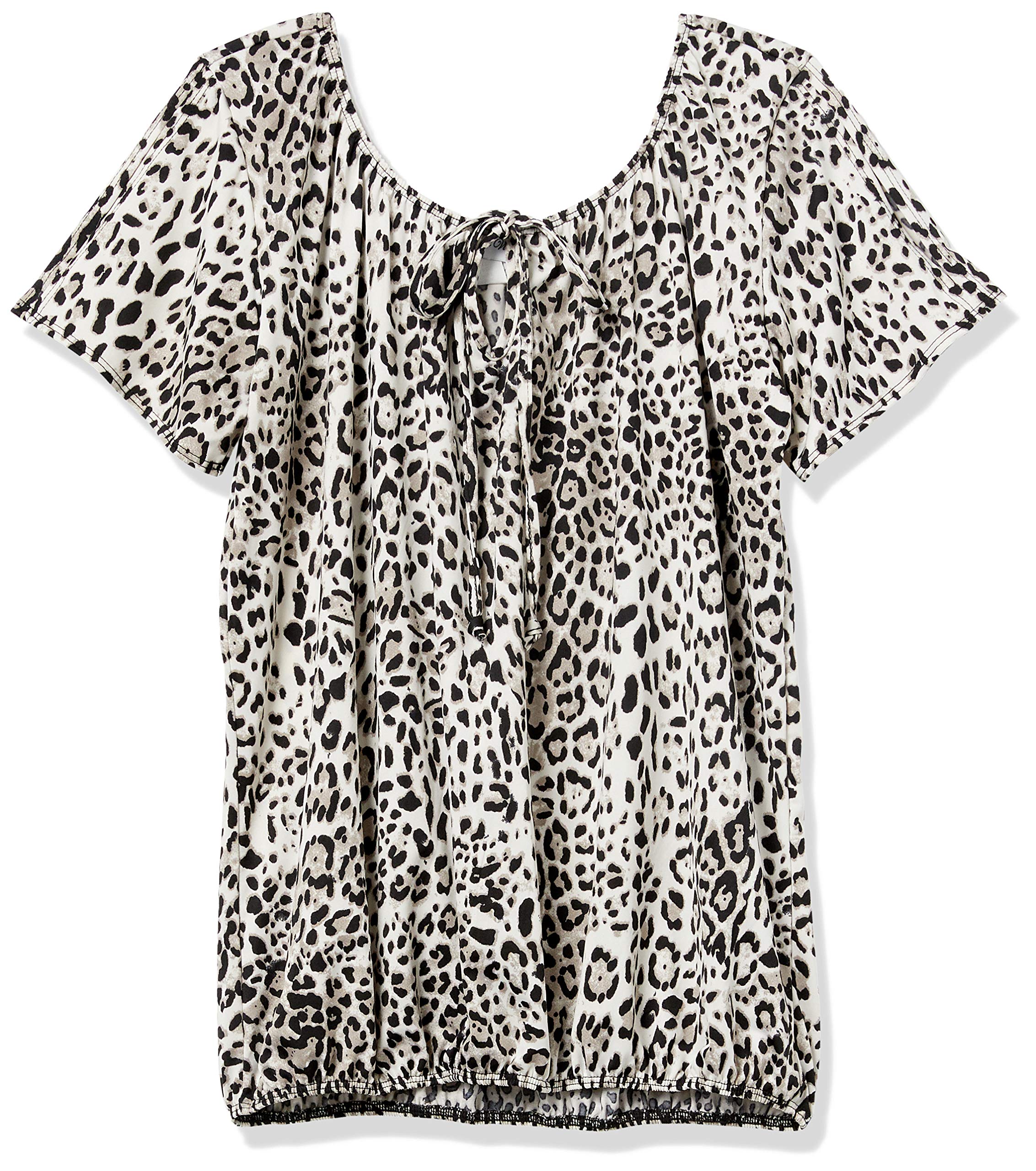 Star Vixen Women's Grey Cheetah Short Slit Sleeve Keyhole-Tie Peasant Top Short Sleeves Blouse - Multicolor - Medium