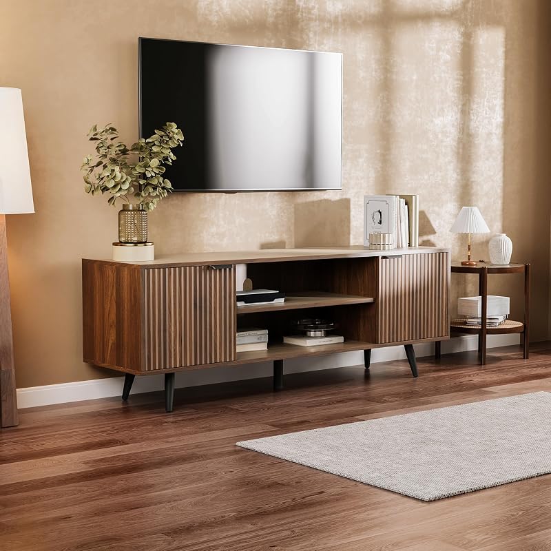 Modern TV Stand with Storage Cabinet, Wood Fashionable TV Cabinet with Waveform Panel and Adjustable Shelf, Entertainment Center TV Stand for TV, Living Room (Dark Walnut Wood) image 7