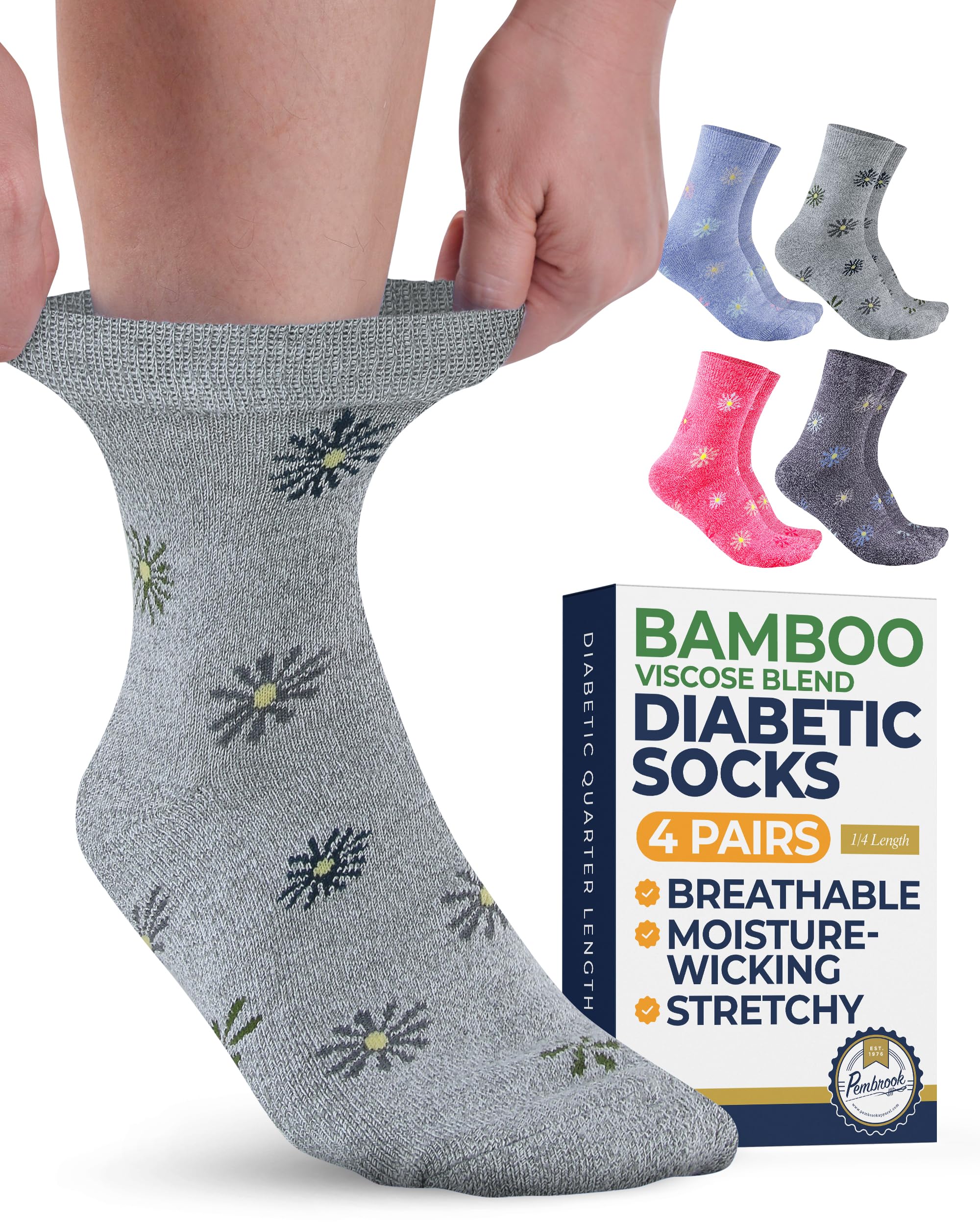 Pembrook Diabetic Socks for Women and Men, 4 Pairs Ankle Socks for Women, Diabetic Socks for Women, Size 9-11, Flowers (white, blue, purple, pink) - 4 pairs, L