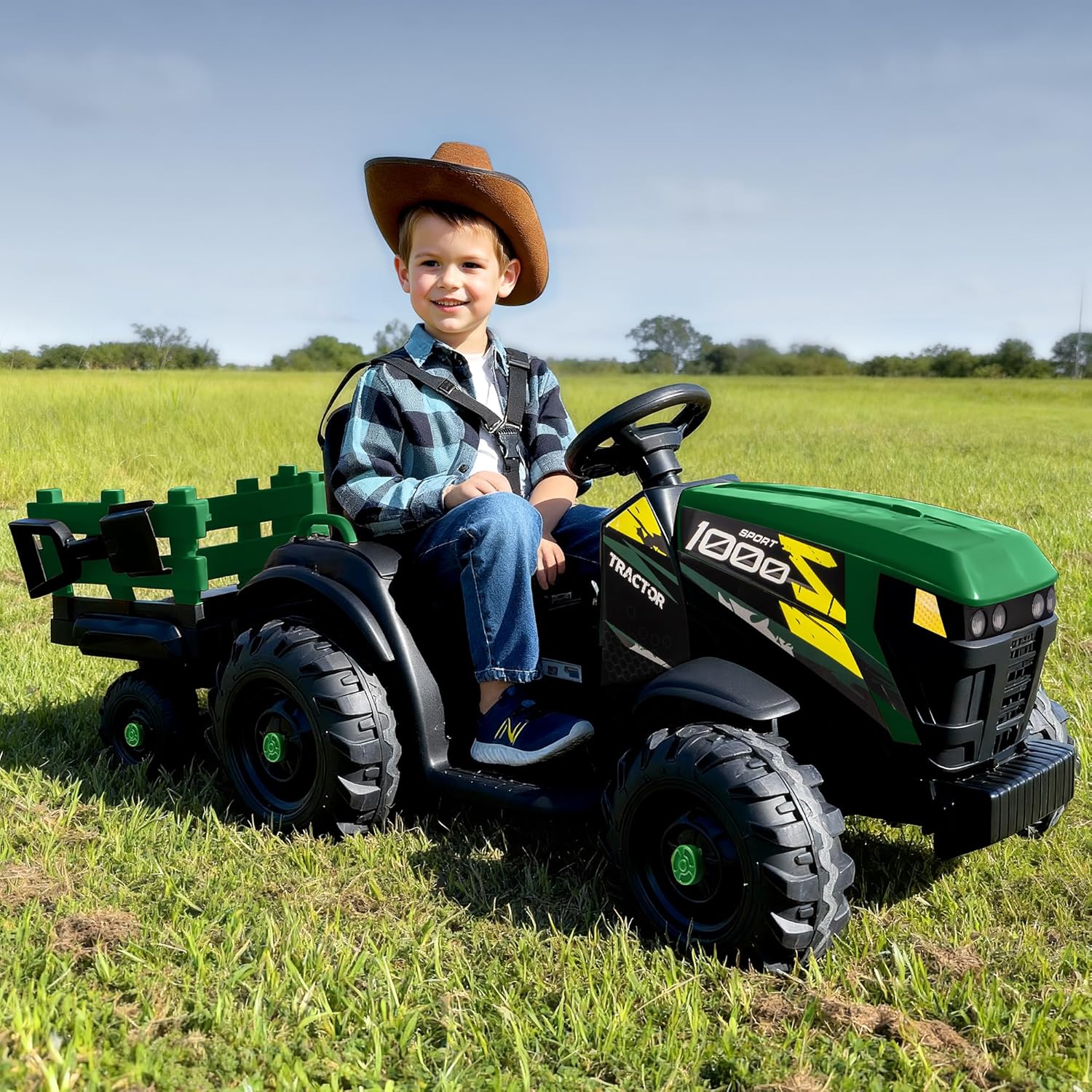 Hikiddo 24V Kids Ride on Tractor Toy, Electric Tractor for Kids 3-8 with Trailer, 2x200W Motors - Green