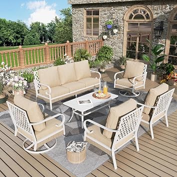 MIXPATIO 6-Piece Rattan Patio Conversation Set, Swivel Chairs, Beige