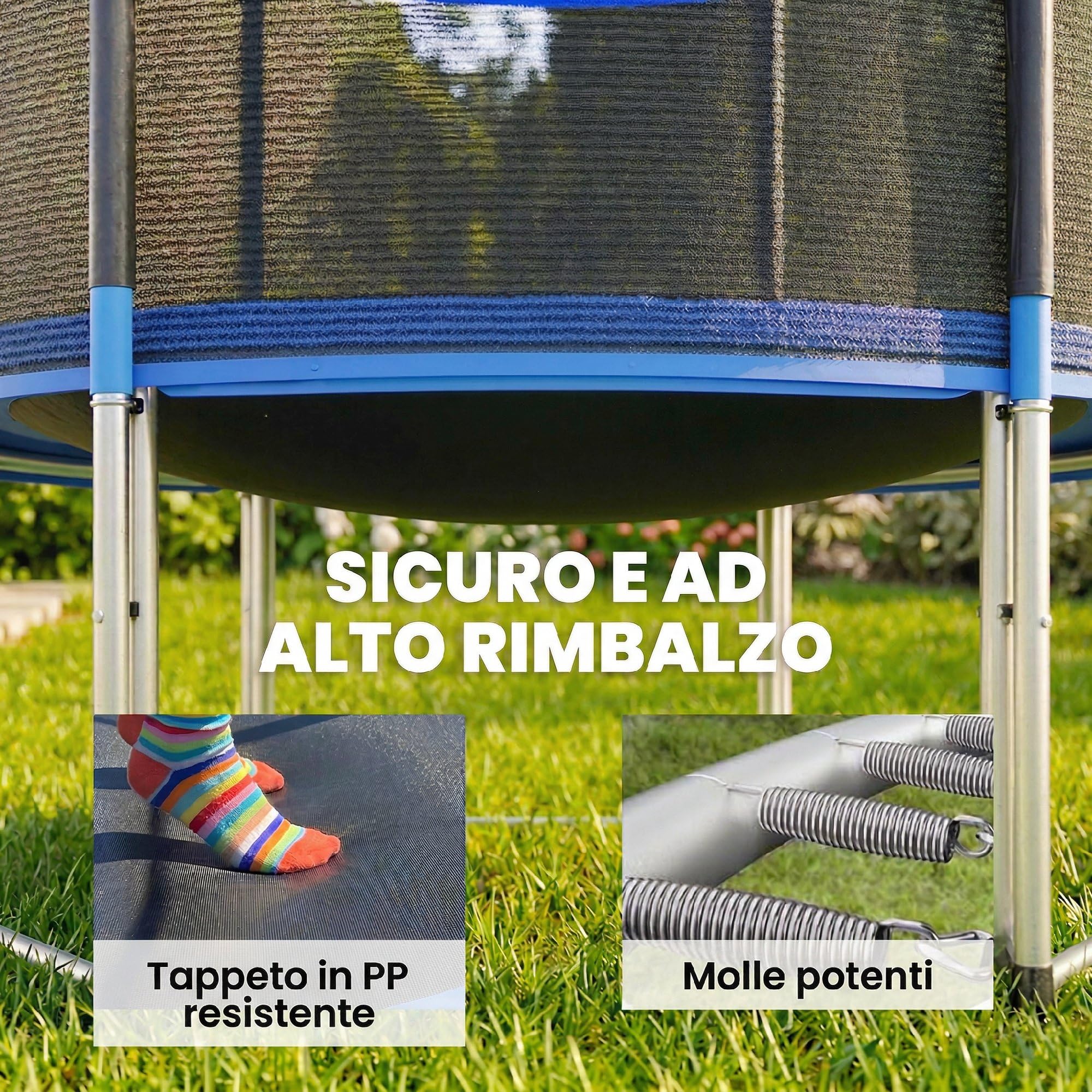 SPORTNOW Trampolino Elastico per Adulti Ø183/Ø244/Ø305cm, Tappeto Elastico Adulti con Rete di Protezione, Scala a 2 Gradini, Copertura di Sicurezza per Molle, Struttura in Acciaio, Blu