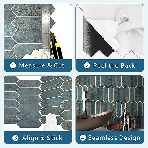 Miniatura 4 de SUNWINGS Azulejo autoadhesivo para cocina, diseño de cheurón, mosaico de espiga blanca de Carrara, para baño, chimenea, 1 hoja