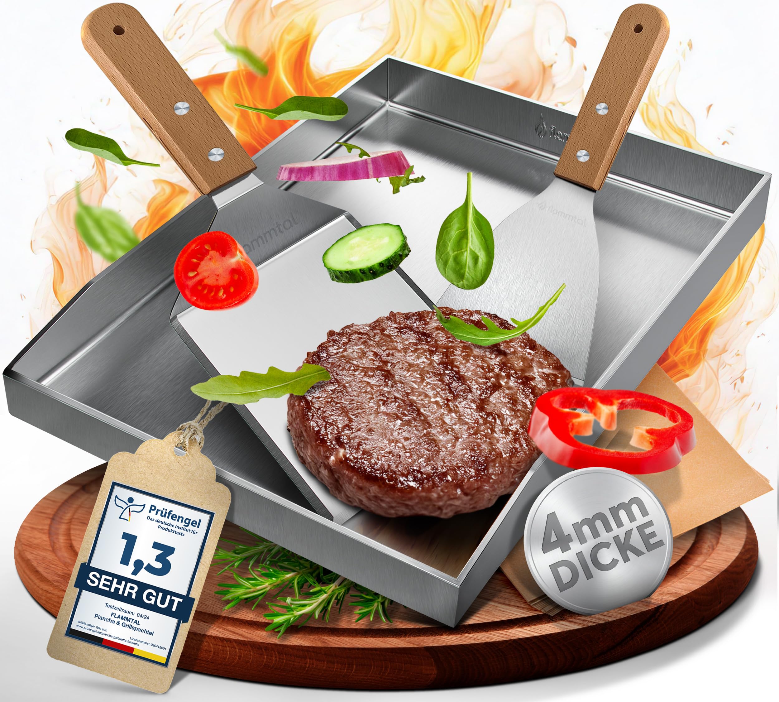 flammtal - Grillplatte aus 4mm rostfreiem Edelstahl [40 x 30cm] - Plancha mit Grillspachtel Set & Burgerpapier - passend für Gas- & Kohlegrill - auslaufsichere Ecken für sauberes Grillen