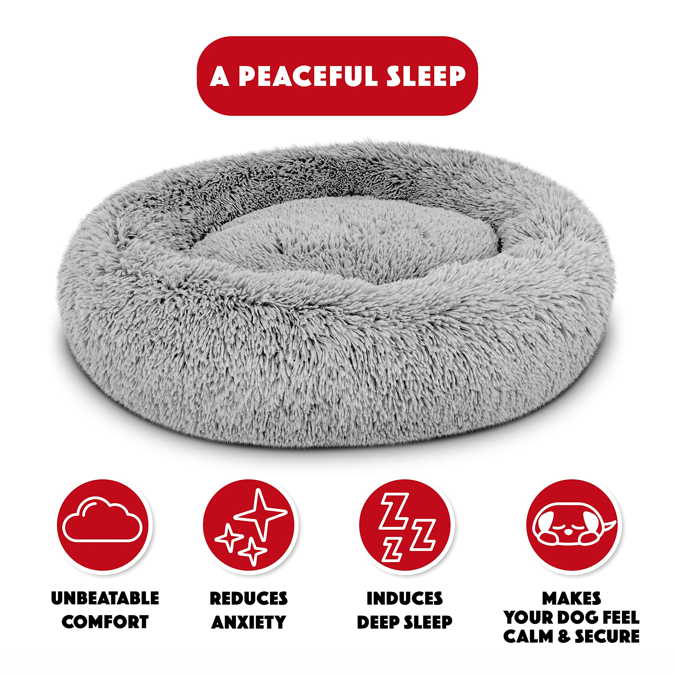 The Dogs Bed Sound Sleep Donut Dog Bed, Med Silver Grey Plush Calming Nest Bed - Image 2