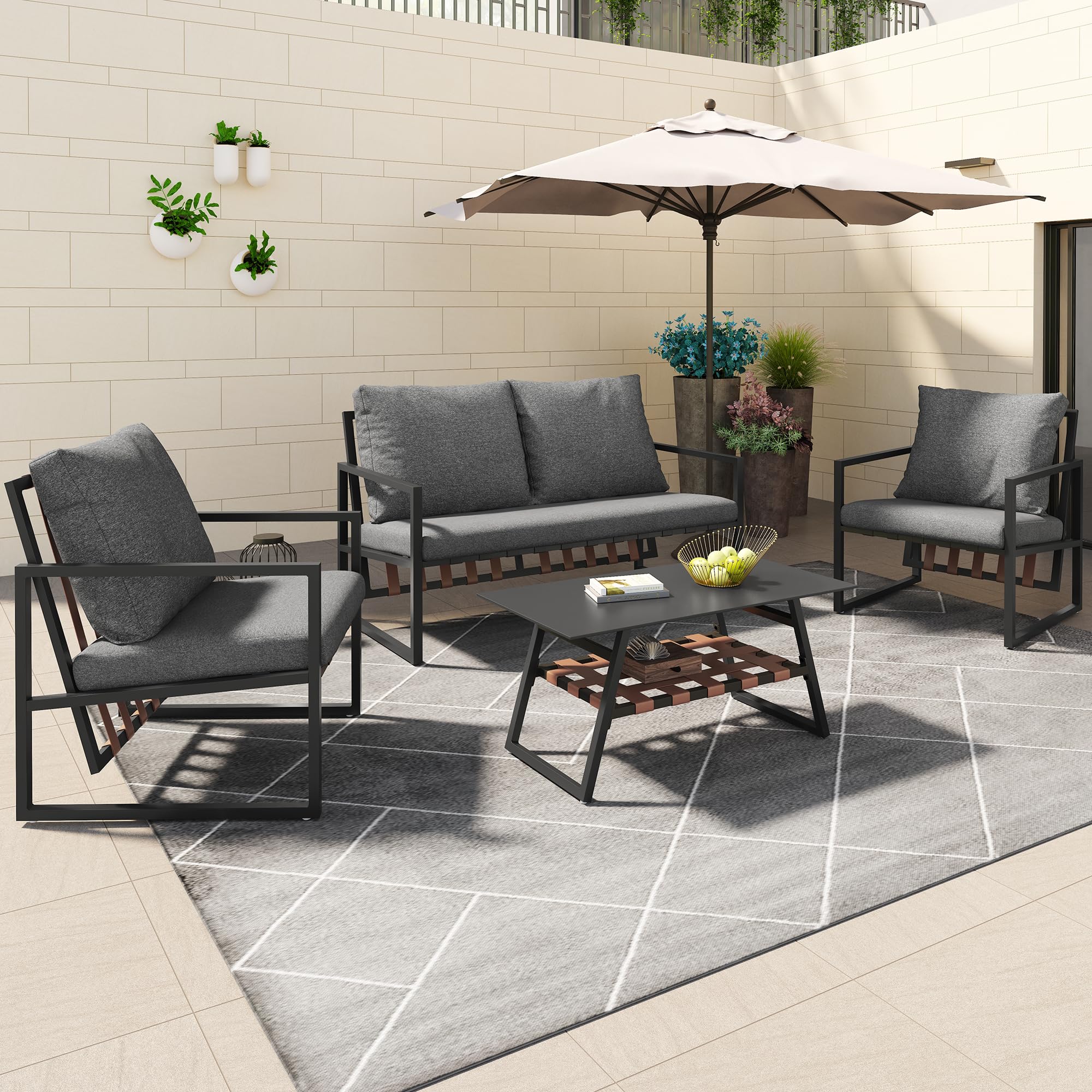 Muskel Garten Lounge Set 4-teilig Outdoor Sofa Einzelstühle Sesseln, Couchtisch, Essgruppe für Garten Balkon Terrasse, Abnehmbarer und waschbarer Stoffbezug, Schwarz
