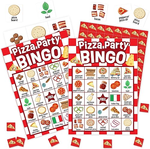 Pizza Games Tarjetas de bingo, juego de bingo con temática de comida gourmet, juego de pizza para baby shower para familiares y amigos, grandes