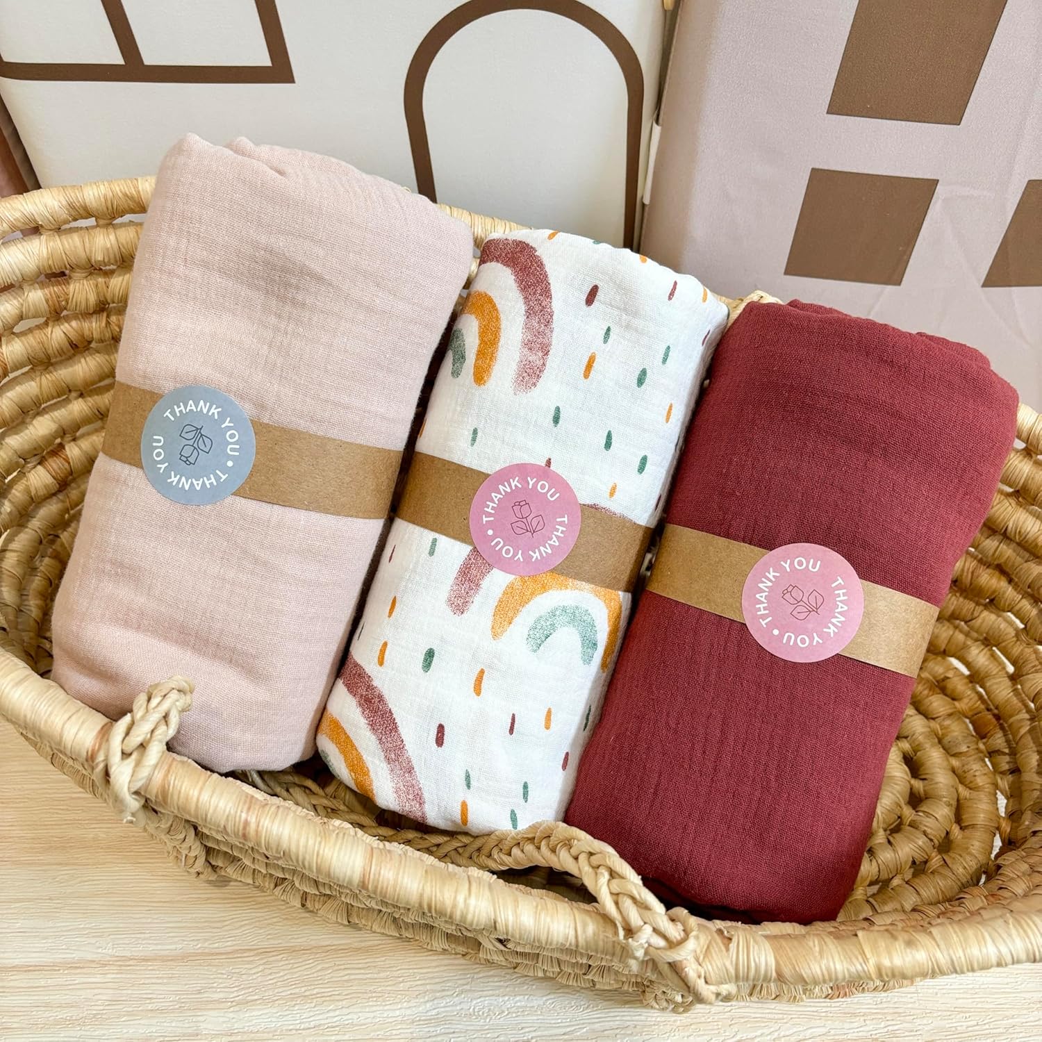 Soft Cotton Bath Towels 48x48 Inch - 3 Pack for Kids & Adults Muslin Swaddle Blankets Included Newborn Swaddle Blanket Set Bath Towel Bundle Perfect for Babies and Boys(Rainbow Deep Brown)