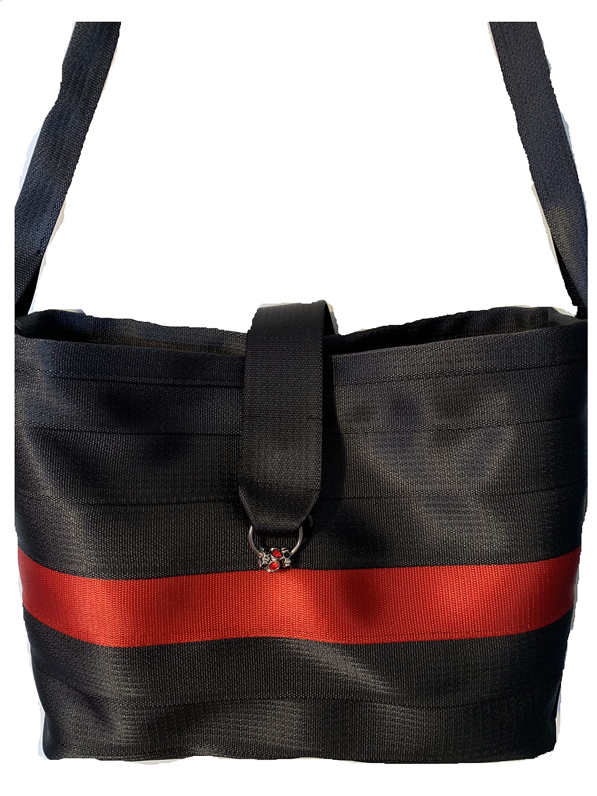 Large Seat Belt Tote with flap in black and red, Various Lining Choices, Washable and Durable