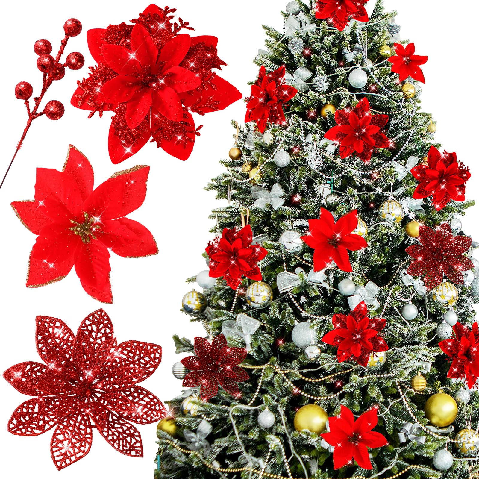 Floweroyal 30pcs Poinsettia Artificial Christmas Flowers Decorations with Clips and Berry Stems Glitter Ornaments for Christmas Tree Wreath Fireplace Stairs Decor (Red-3 Styles)