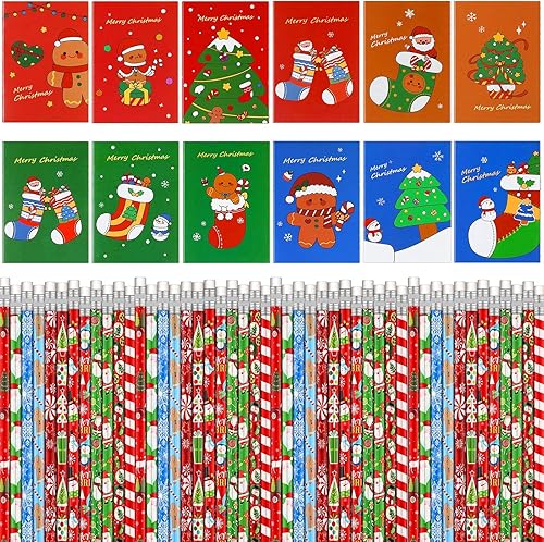 Miniatura 8 de Juego de 72 cuadernos y lápices de Navidad, cuadernos pequeños y lápices de madera, recuerdos de fiesta de Navidad, rellenos de calcetines, regalos,