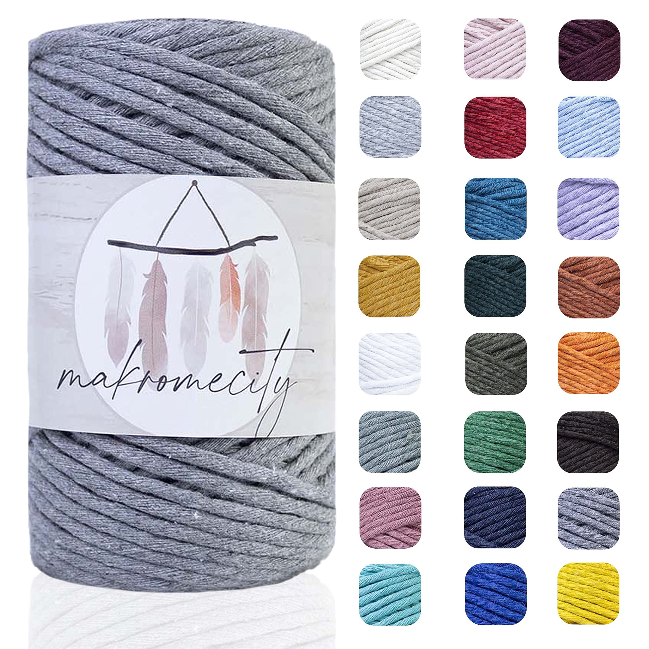 Makromecity, Single Strand Macrame Cord 3 mm x 109 Yards (328 feet) 3mm Single Strand Dark Gray Cotton Cord for Macrame Art & Crafts for Wall Hangings Recycled Cotton Cord Yarn DIY(Dark Gray, 1 Skein)