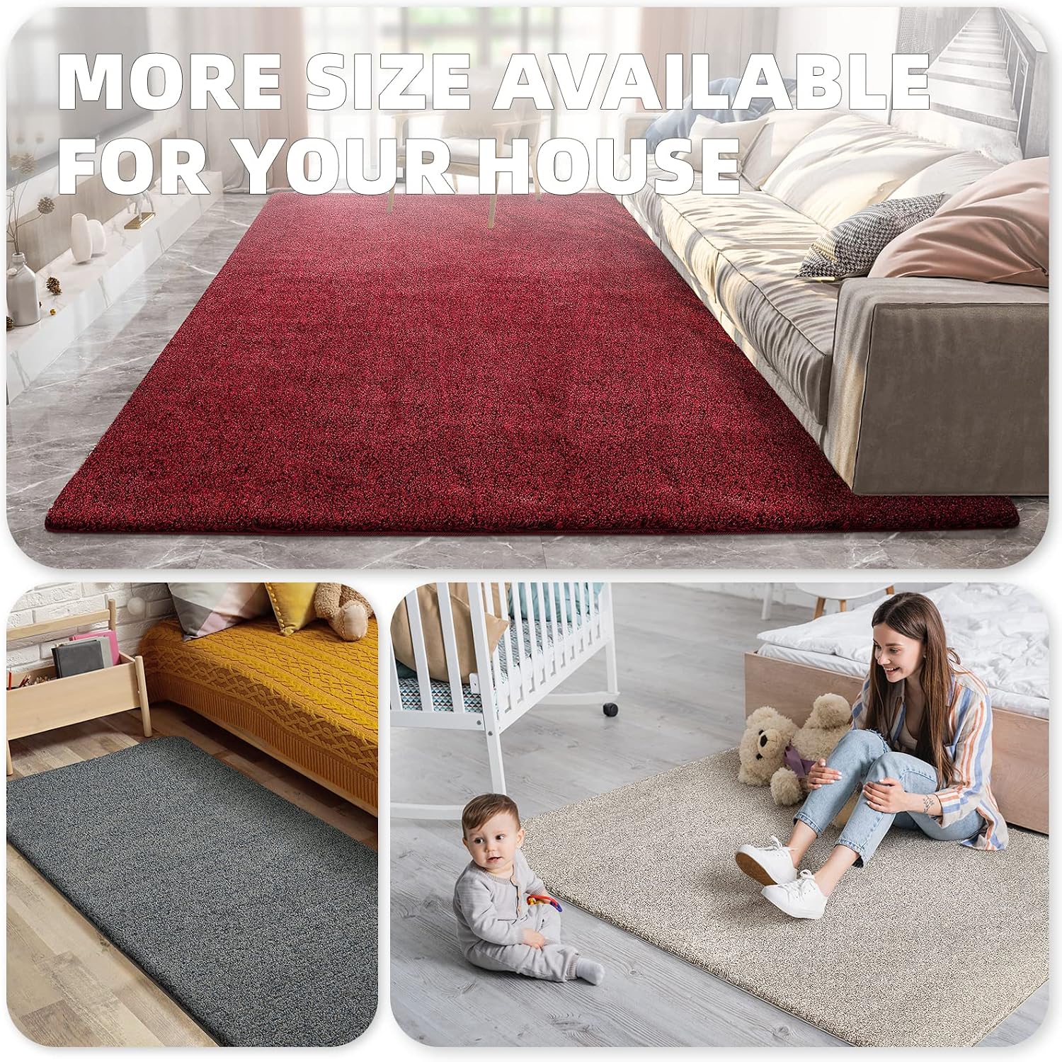 Color&Geometry Non Slip Rug Runner, Soft Area Rug for Aesthetic, Heavy Duty Low Pile Carpet, 3x5ft Red