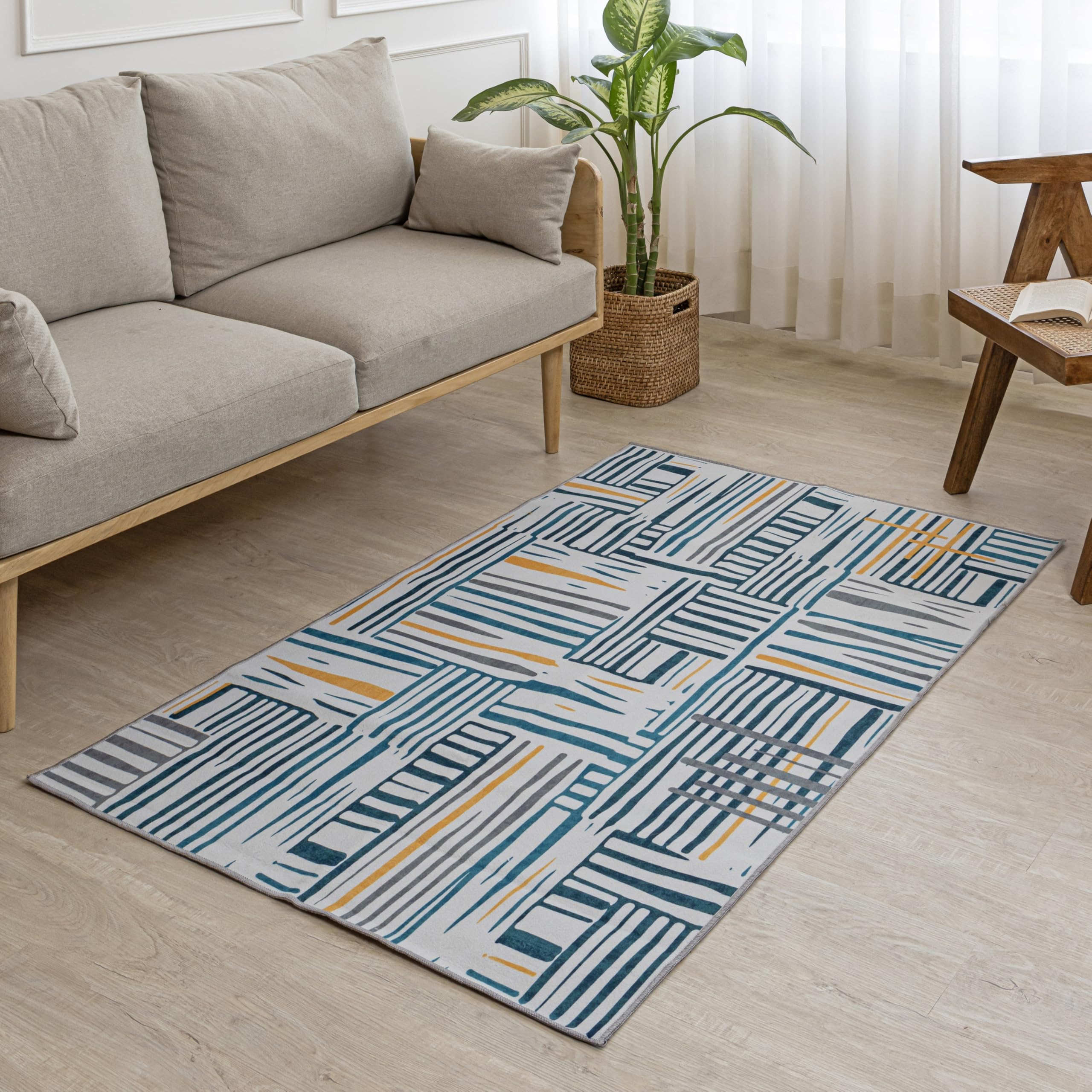 HOMEMONDE Printed Bohemian Carpets 3 x 5 Feet - Rectangular Anti Skid Backing Floor Mats for Living Room, Striped Design Rug - (Multicolor - 36 x 60 Inch)