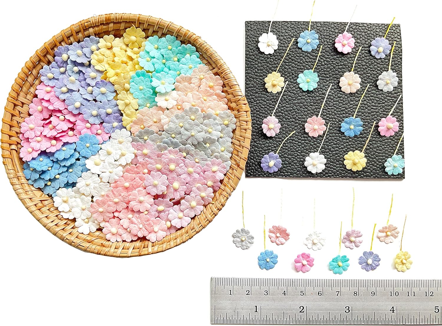 Set of 50 Tiny. Pretty Flowers Embellishment with Thread stem multicolored1 Tone Pastel Size 0.31" Mulberry Paper Flowers Craft Supplies Scrap Booking Embellishments for so Many Card Craft Projects - Image 3