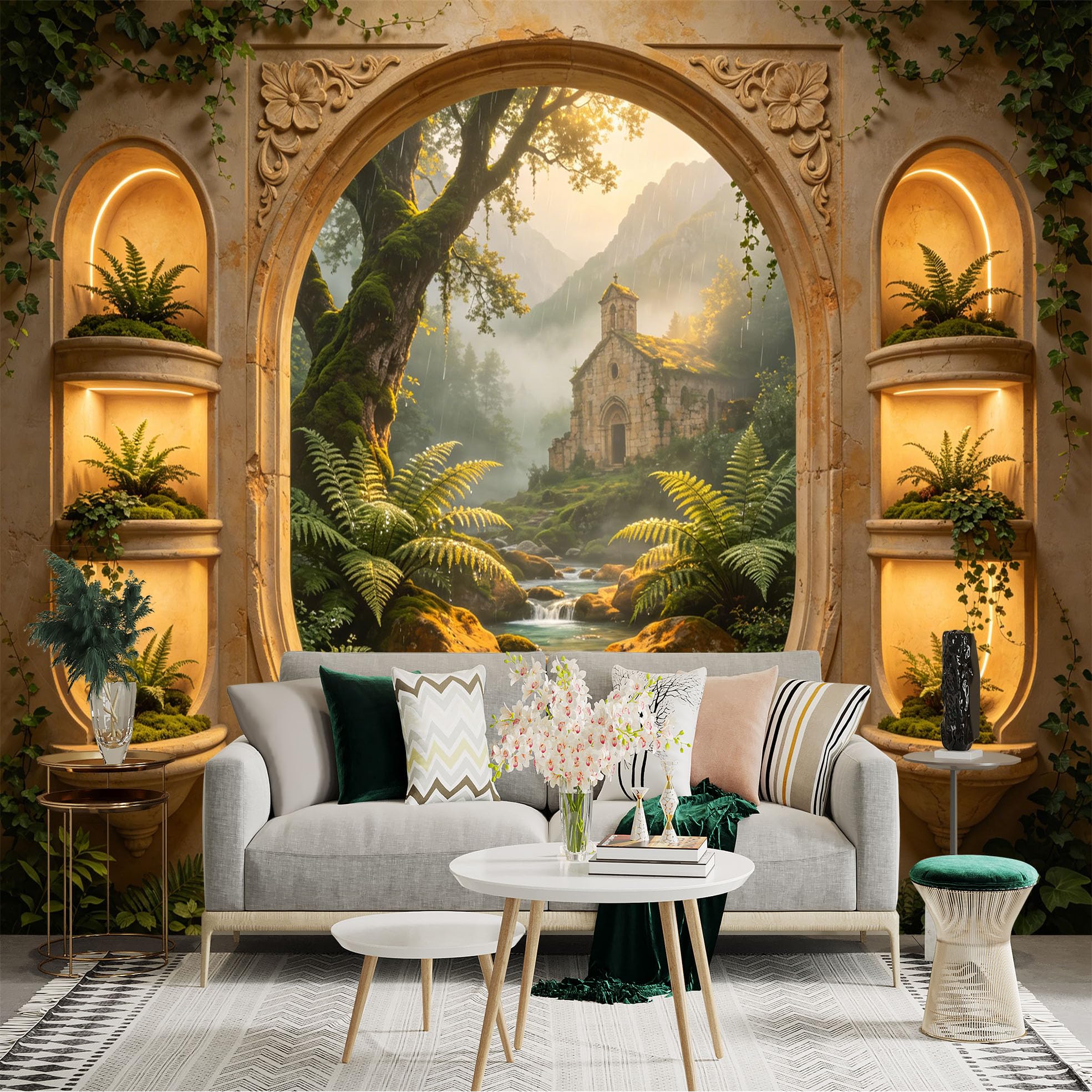 Custom Size Wall Sticker Mural， Ancient Stone Church with Forest， River and Arch Window View， for wall Decoration， peelandstick wall Decals.