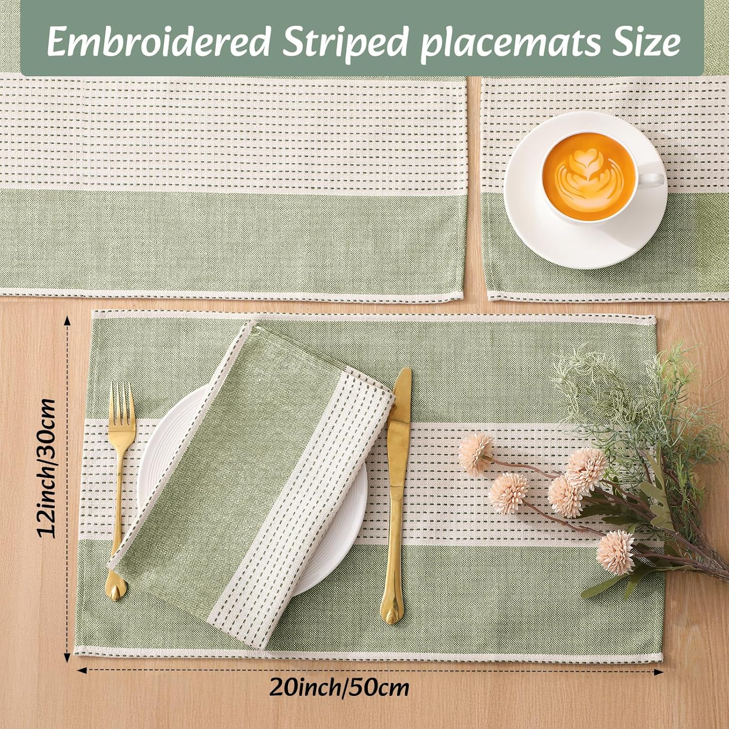 4 Sets Round Woven Boho Placemats, Long Sage Green Table Runner, Cotton Linen Placemats, Farmhouse Macrame Embroidered Striped Table Runner for Tables Christmas Wedding Party Decor (Novel)