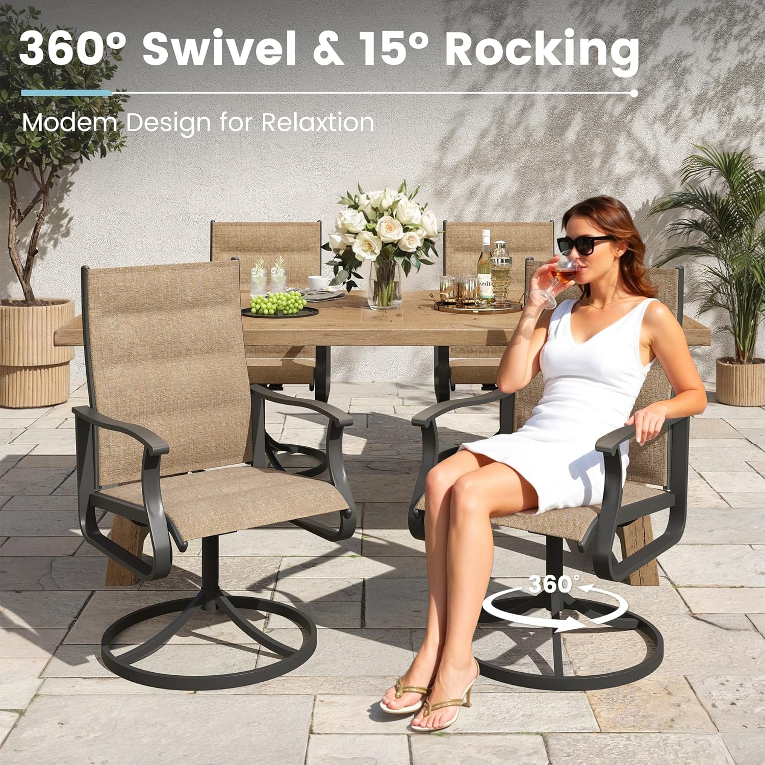 7 Pieces Patio Dining Set, Padded Patio Outdoor Furniture Set of 6 Patio Swivel Dining Chairs and 51" Patio Spliced Round Tabletop with Umbrella Hole, for Deck, Backyard, Poolside & Garden
