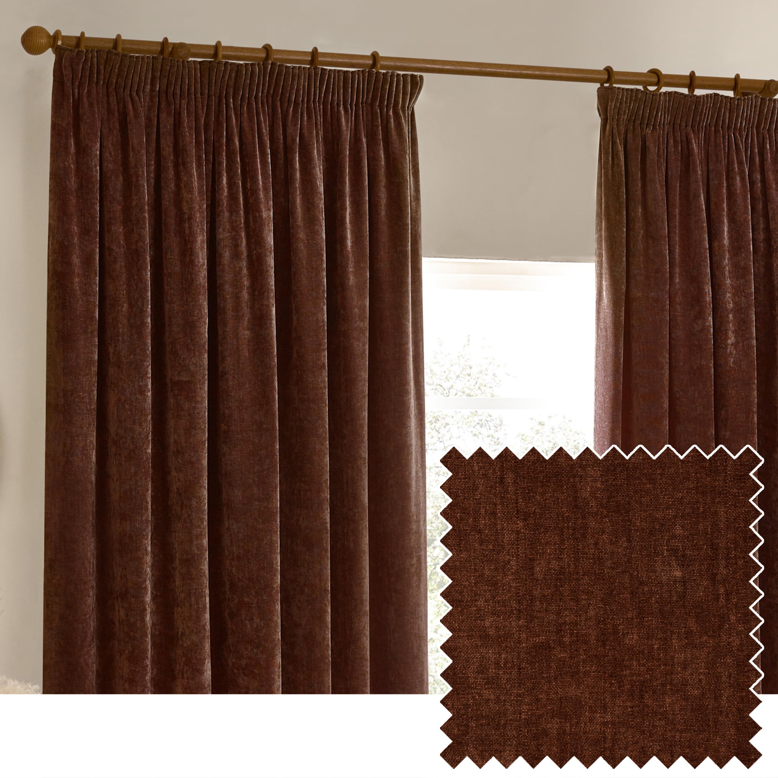 Yard Heavy Chenille Velvet Room Darkening Pencil Pleat Curtains Unisex Nutmeg Brown Size W229 X D229cm