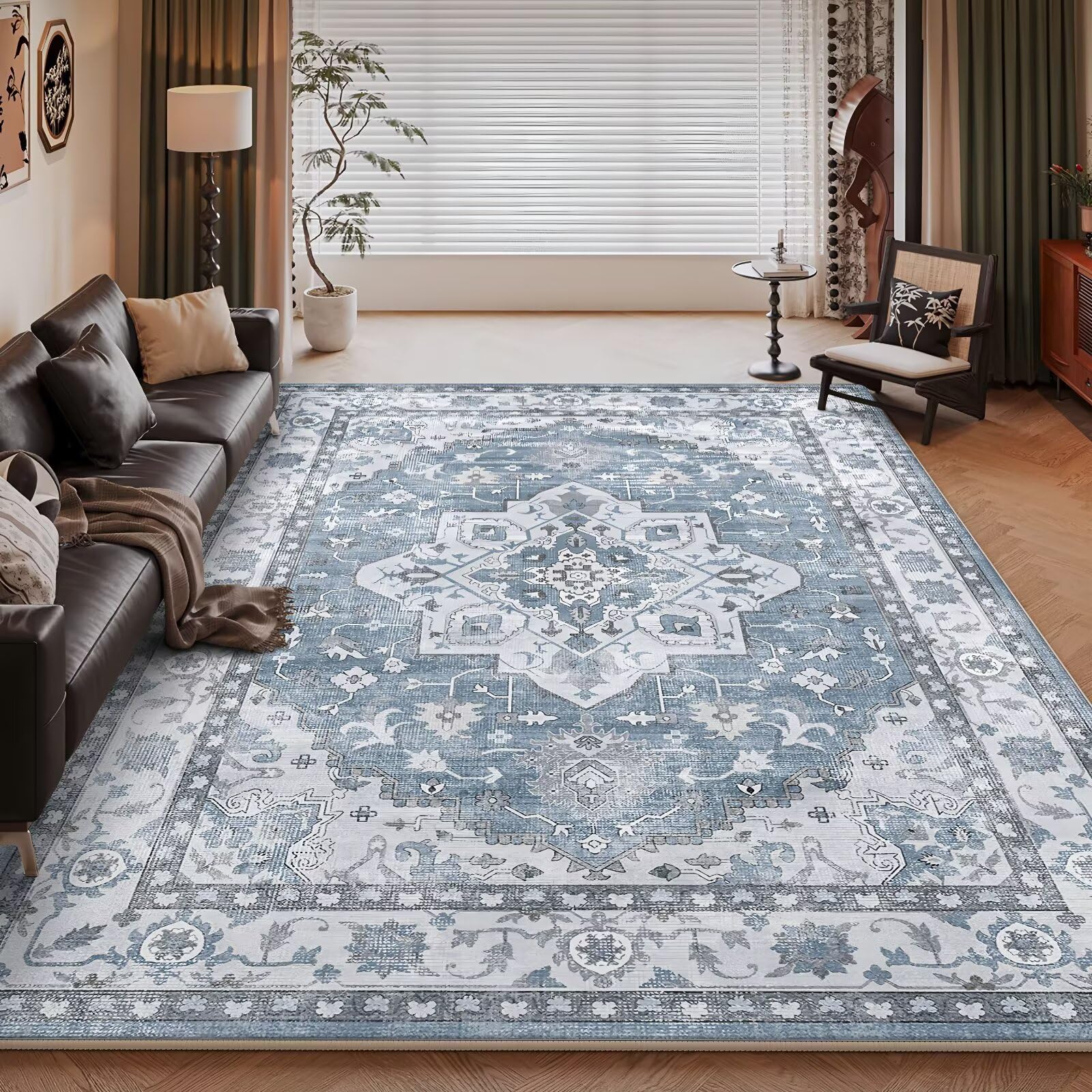 Alfombra vintage salón pelo corto de 100x200cm azul con diseño geométrico floral