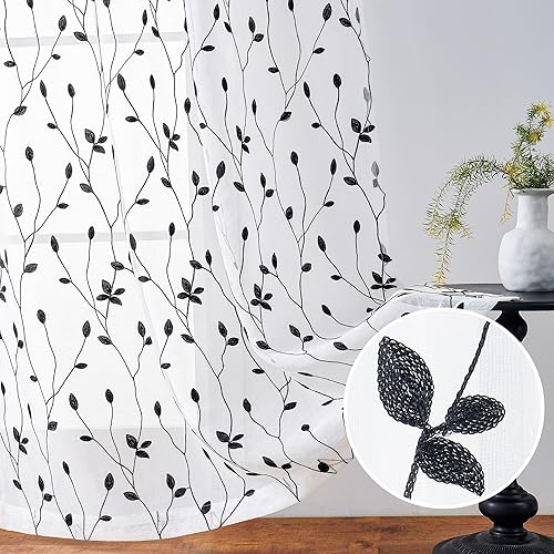 WUBODTI Cortinas semitransparentes negras de Halloween de 84 pulgadas de largo para sala de estar, cortinas blancas bordadas con hojas góticas,