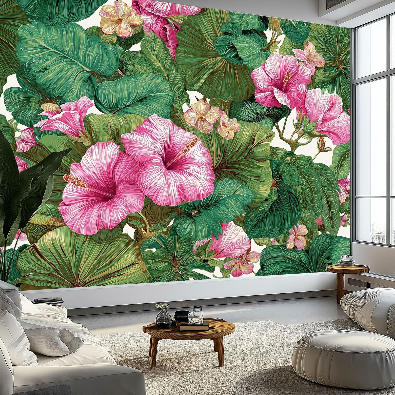 Fototapeta Retro Hibiskus Liście Egzotyczne Kwiaty 200 x 140 cm - Tapeta z włókniny (TNT) efekt 3D, dekoracyjna fototapeta do salonu, sypialni i jadalni - zielona