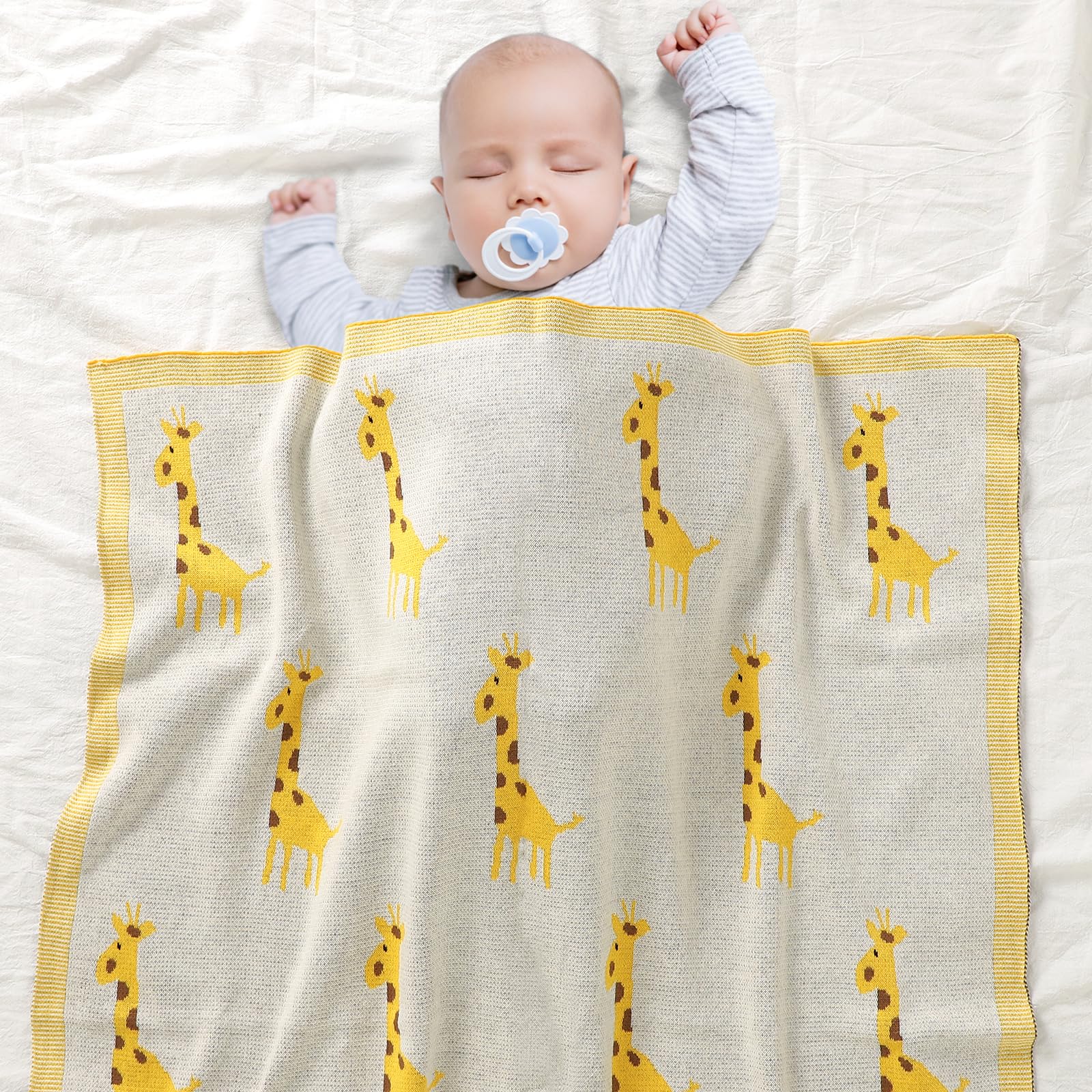 mimixiong Soft 100% Pure Organic Cotton Knitted Newborn Baby Blanket, Swaddle Blanket, Giraffe Ivory (80 x 100cm) - Image 3