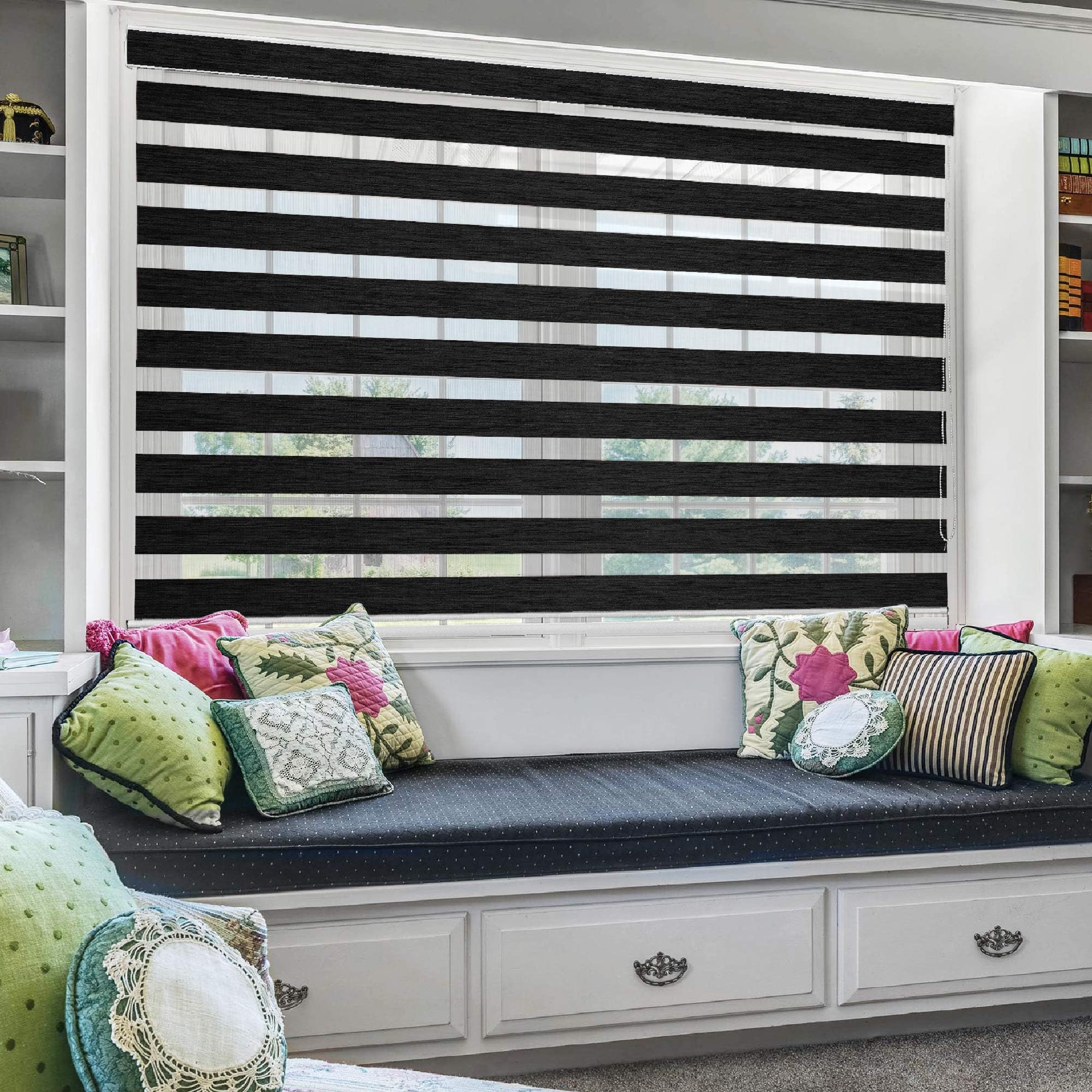 moonga Polyester Curtain/Zebra Blinds for Windows and Doors with Dual Shade, Horizontal Stripes, Sheer and Solid Fabric, Light Control/Blackout Blinds, Waterproof (Black) Width 100XHEIGHT 130CM